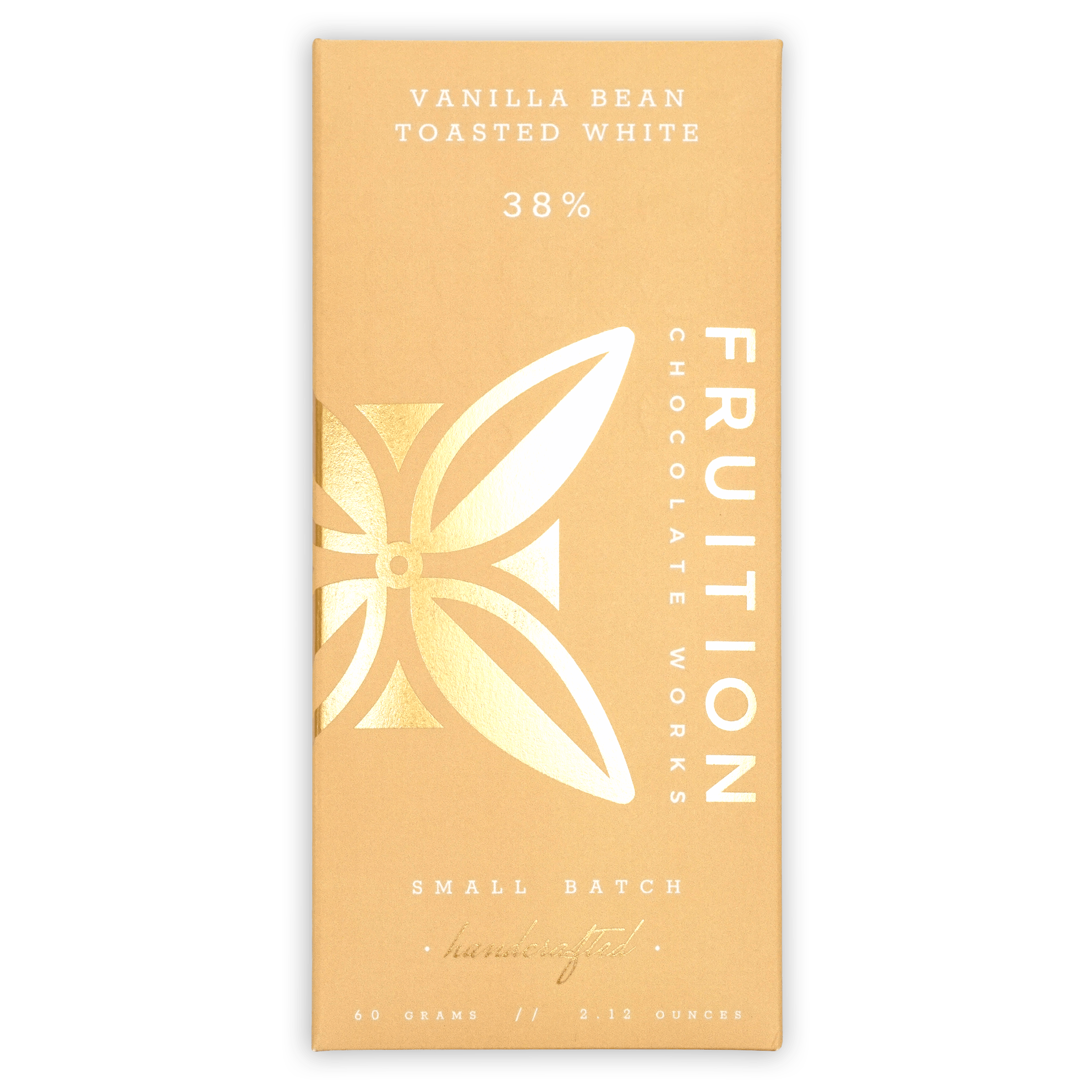 Fruition Vanilla Bean Toasted White 38% peach wrapper with gold leaf