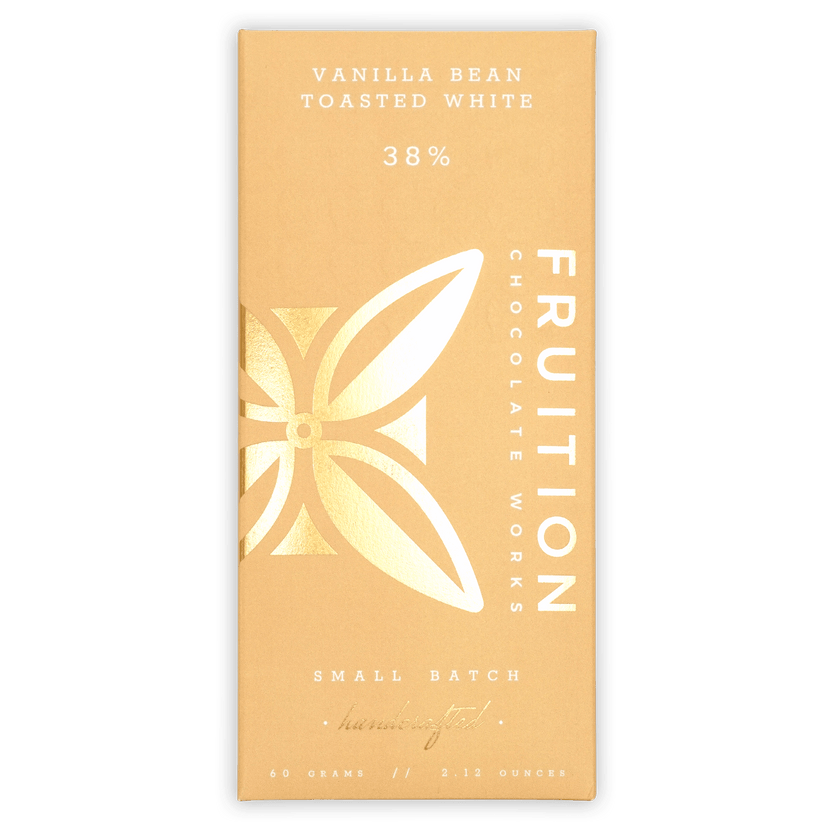 Fruition Vanilla Bean Toasted White 38% peach wrapper with gold leaf
