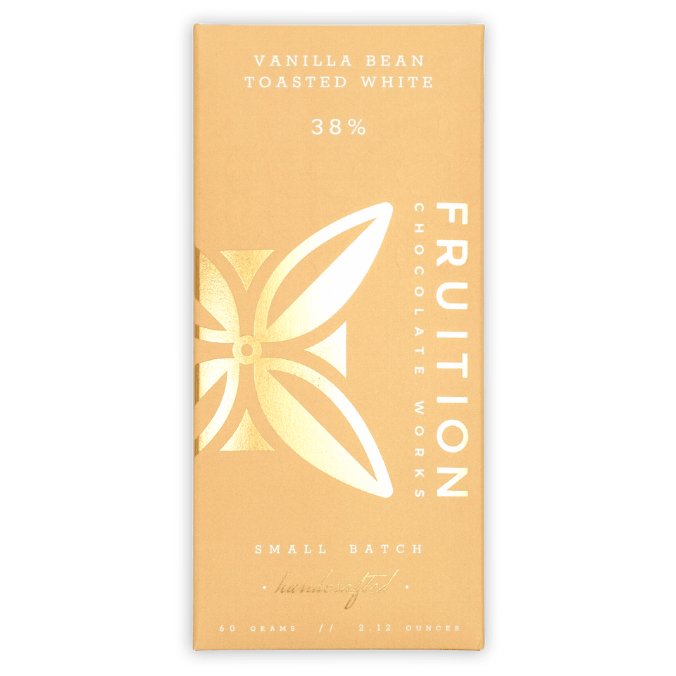 Fruition Vanilla Bean Toasted White 38% peach wrapper with gold leaf