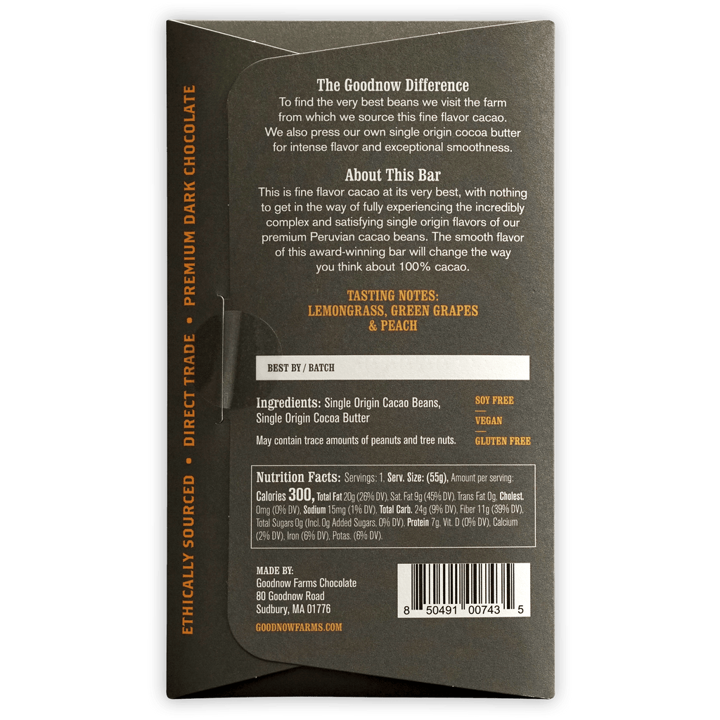 Goodnow Farms 100% Cacao dark chocolate bar in matte black wrapper