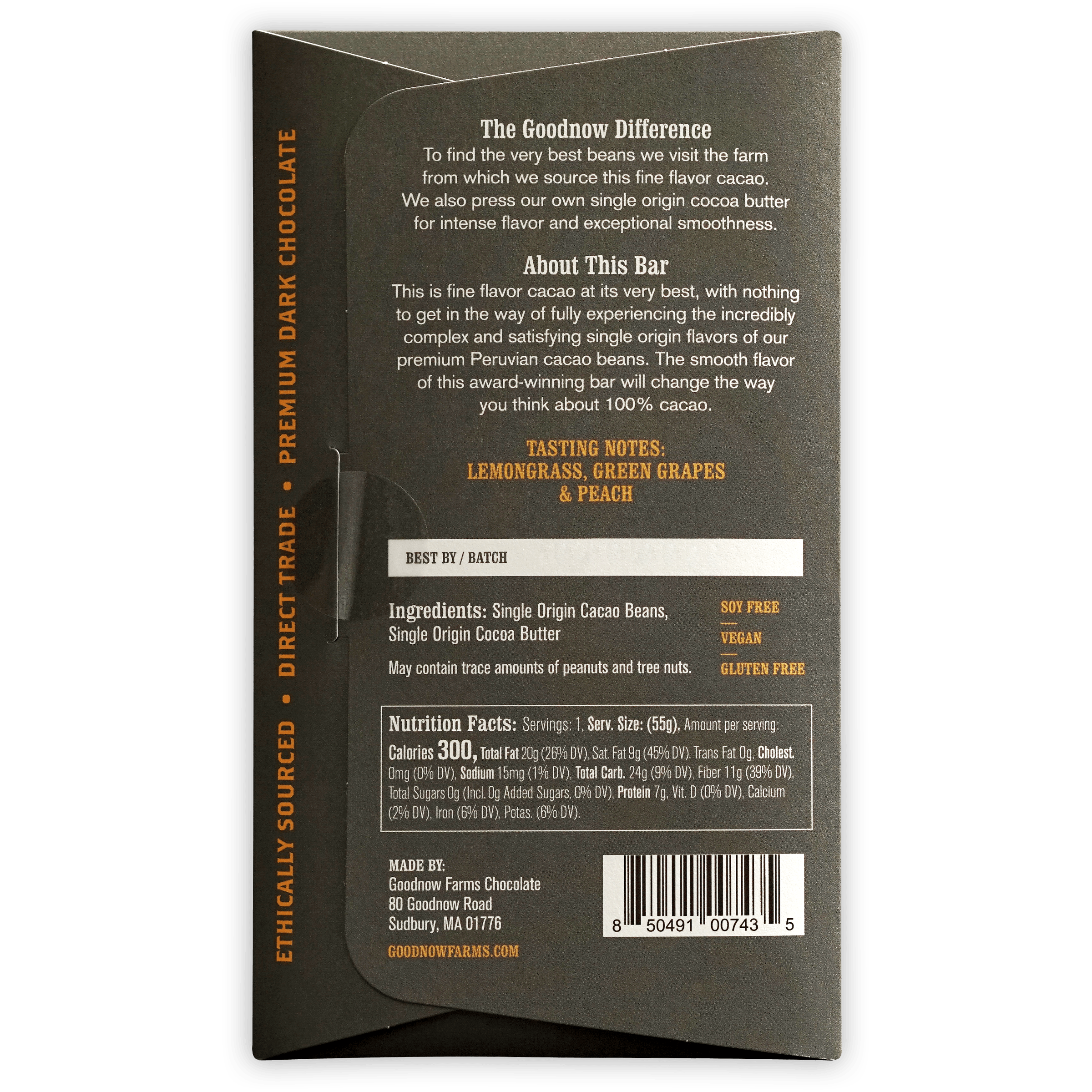 Goodnow Farms 100% Cacao dark chocolate bar in matte black wrapper