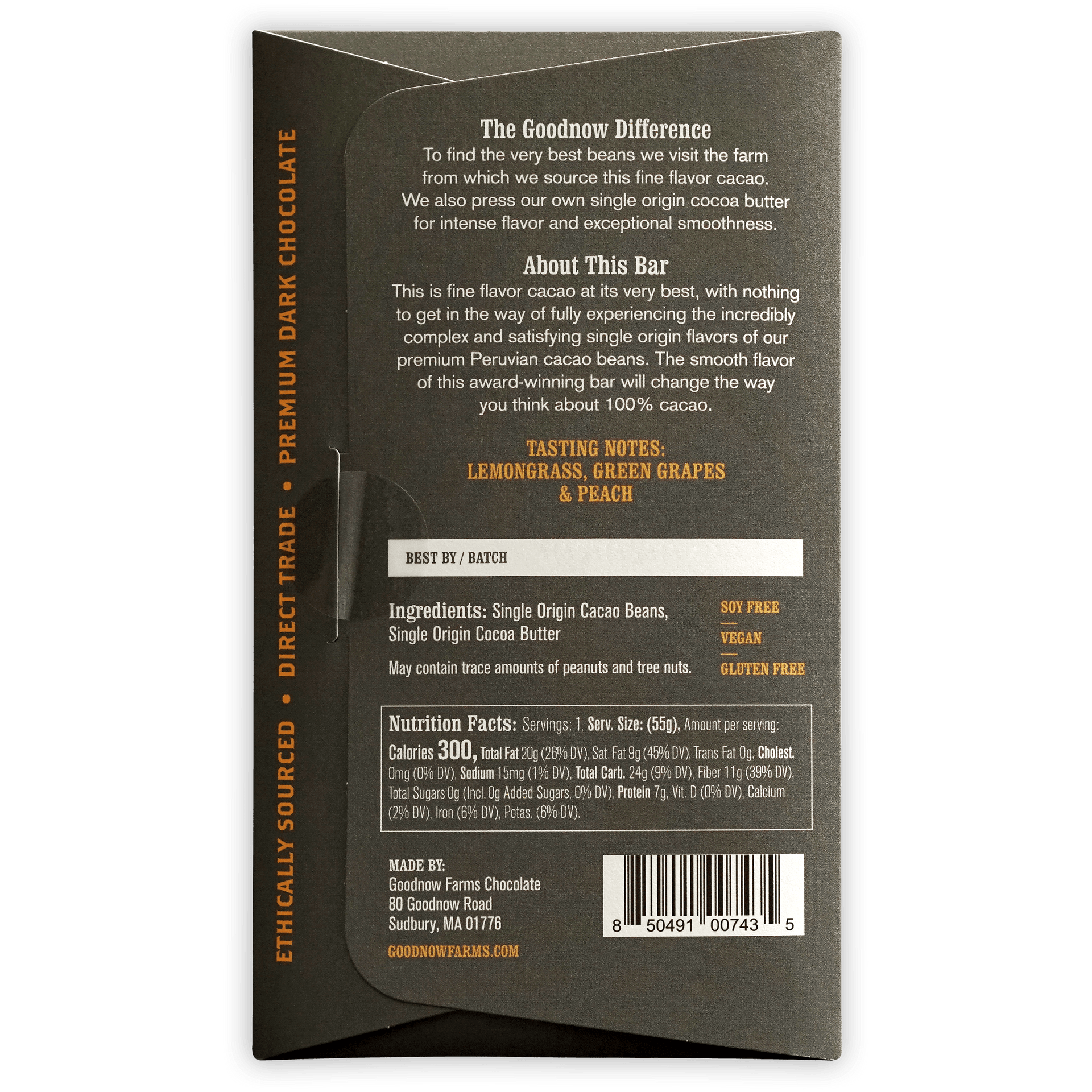 Goodnow Farms 100% Cacao dark chocolate bar in matte black wrapper