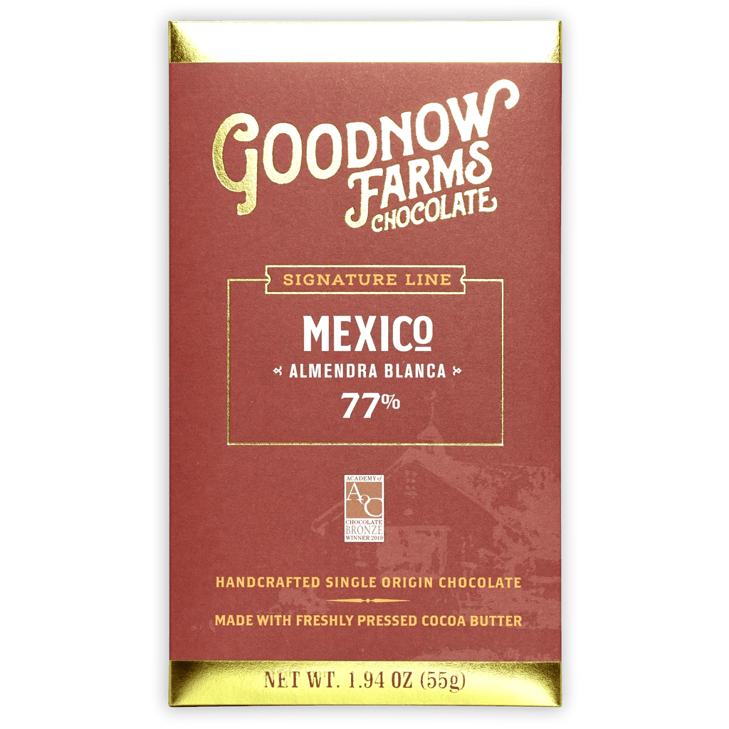 Goodnow Farms Almendra Blanca 77% chocolate bar in red wrapper