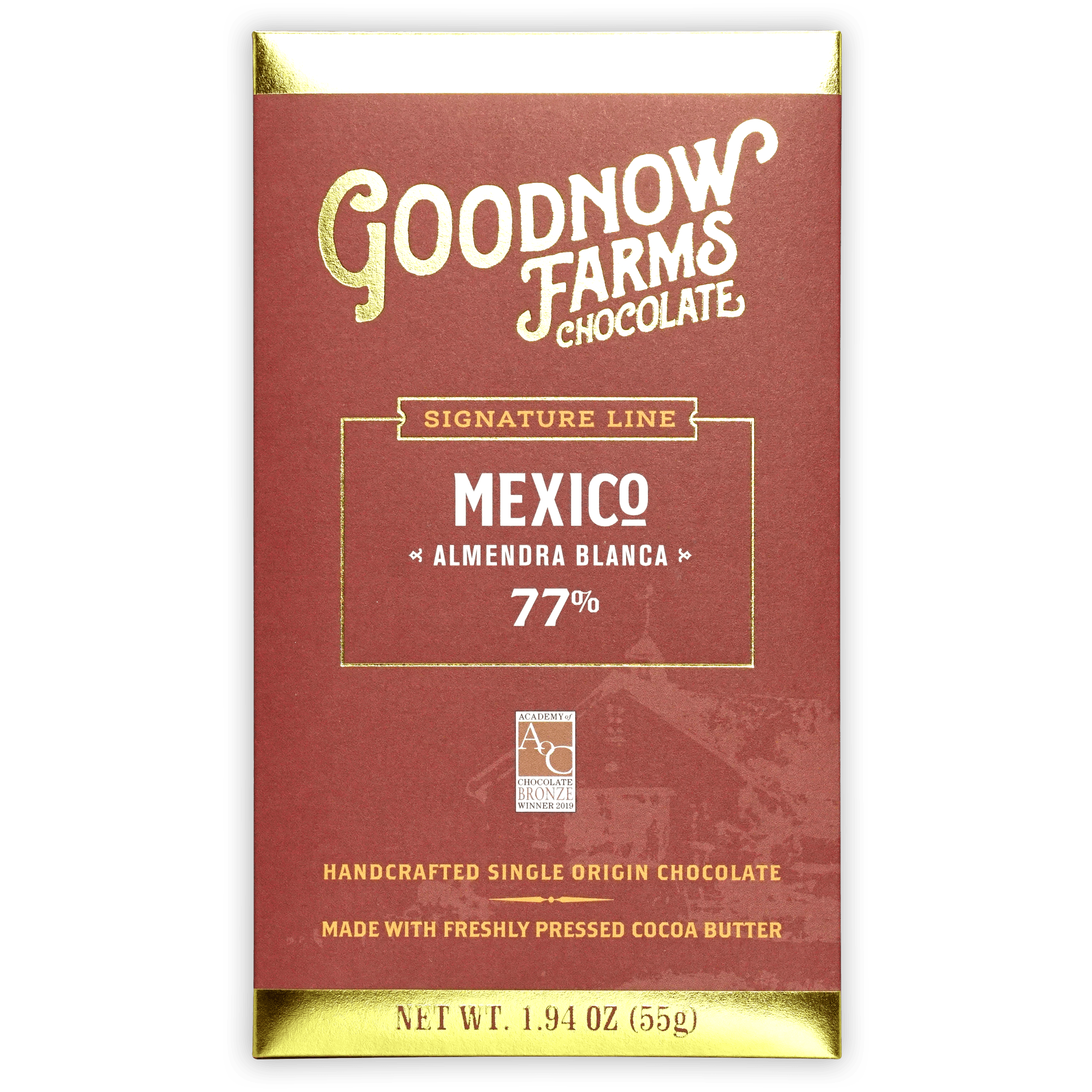 Goodnow Farms Almendra Blanca 77% chocolate bar in red wrapper