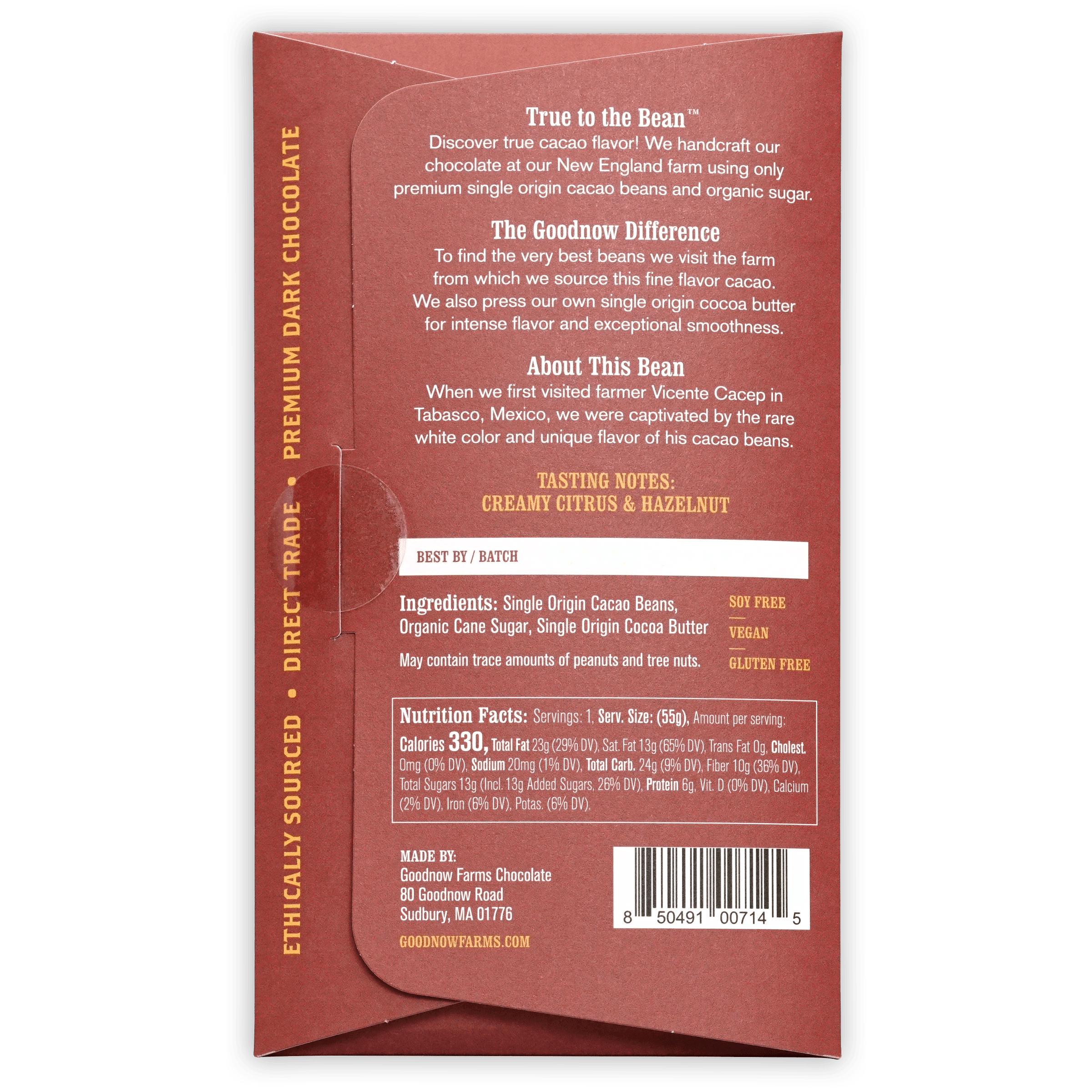 Back of Goodnow Farms Almendra Blanca 77% red chocolate package with barcode
