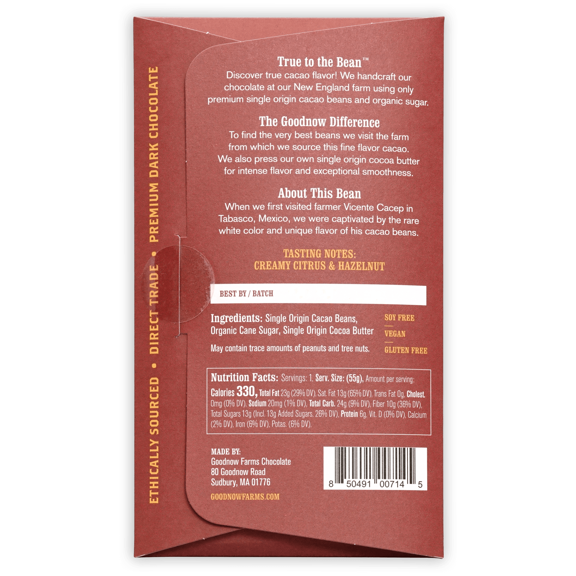 Back of Goodnow Farms Almendra Blanca 77% red chocolate package with barcode