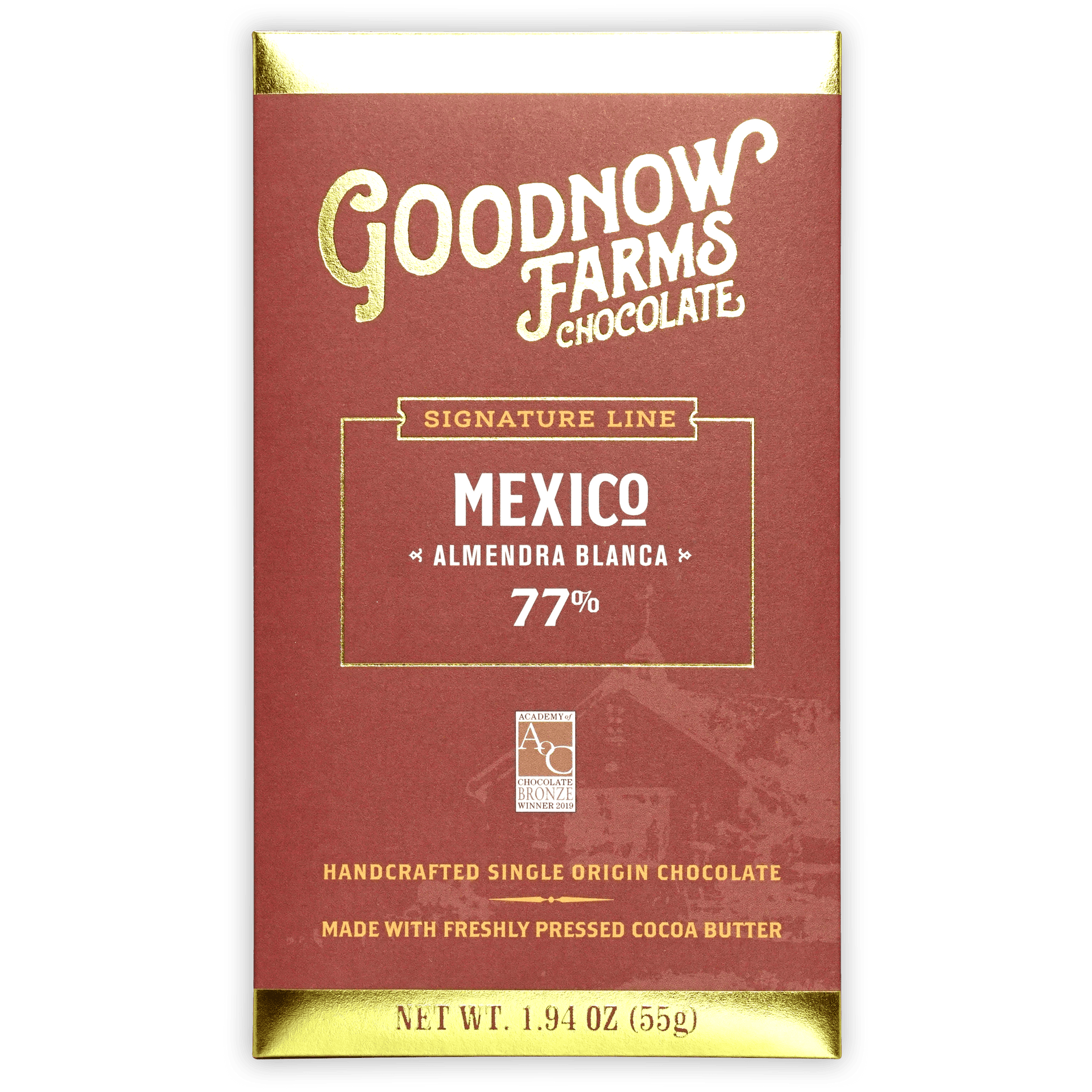 Goodnow Farms Almendra Blanca 77% chocolate bar in red wrapper