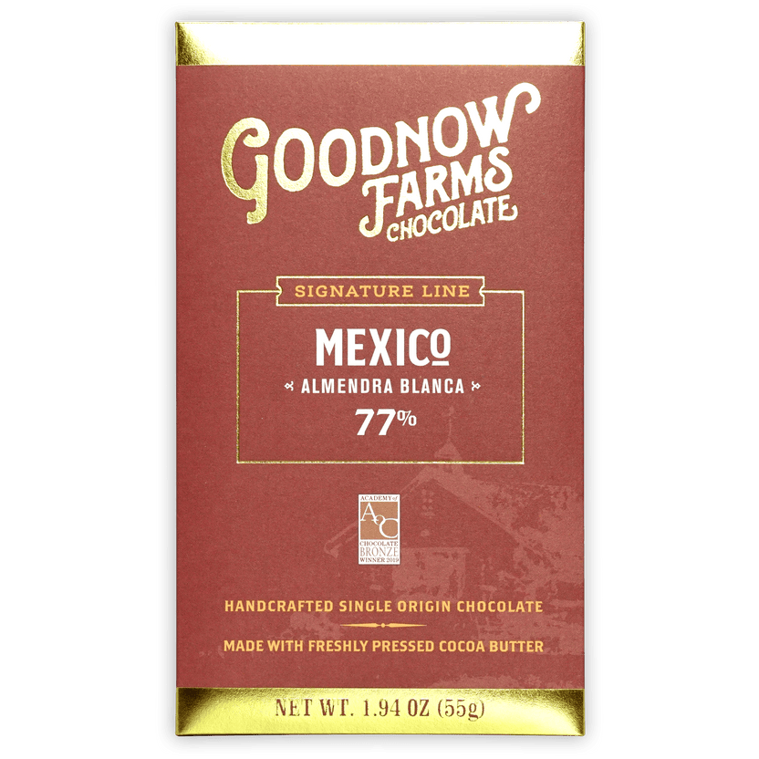 Goodnow Farms Almendra Blanca 77% chocolate bar in red wrapper