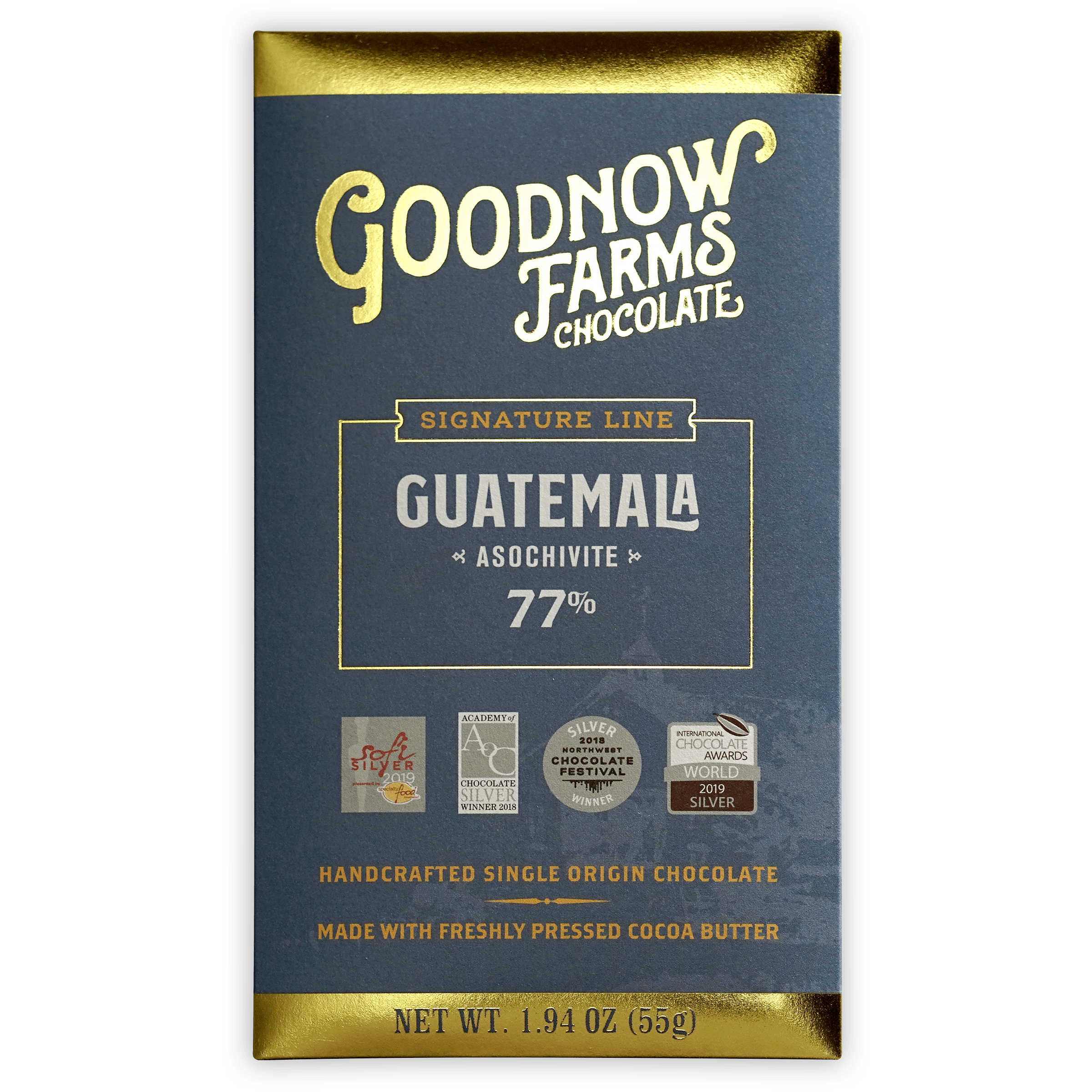 Goodnow Farms Asochivite 77% dark chocolate bar in navy blue gold foil wrapper