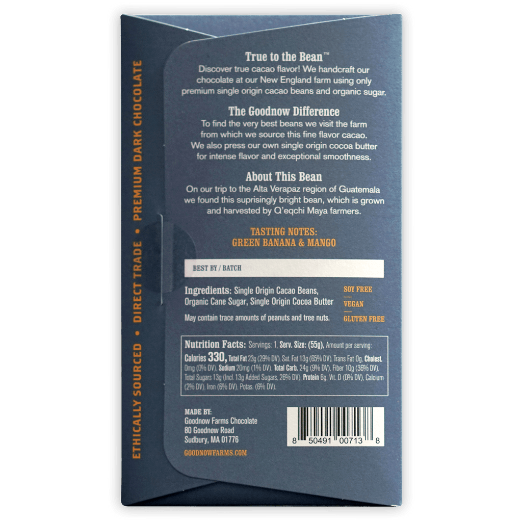 Goodnow Farms Asochivite 77% dark blue vegan chocolate package