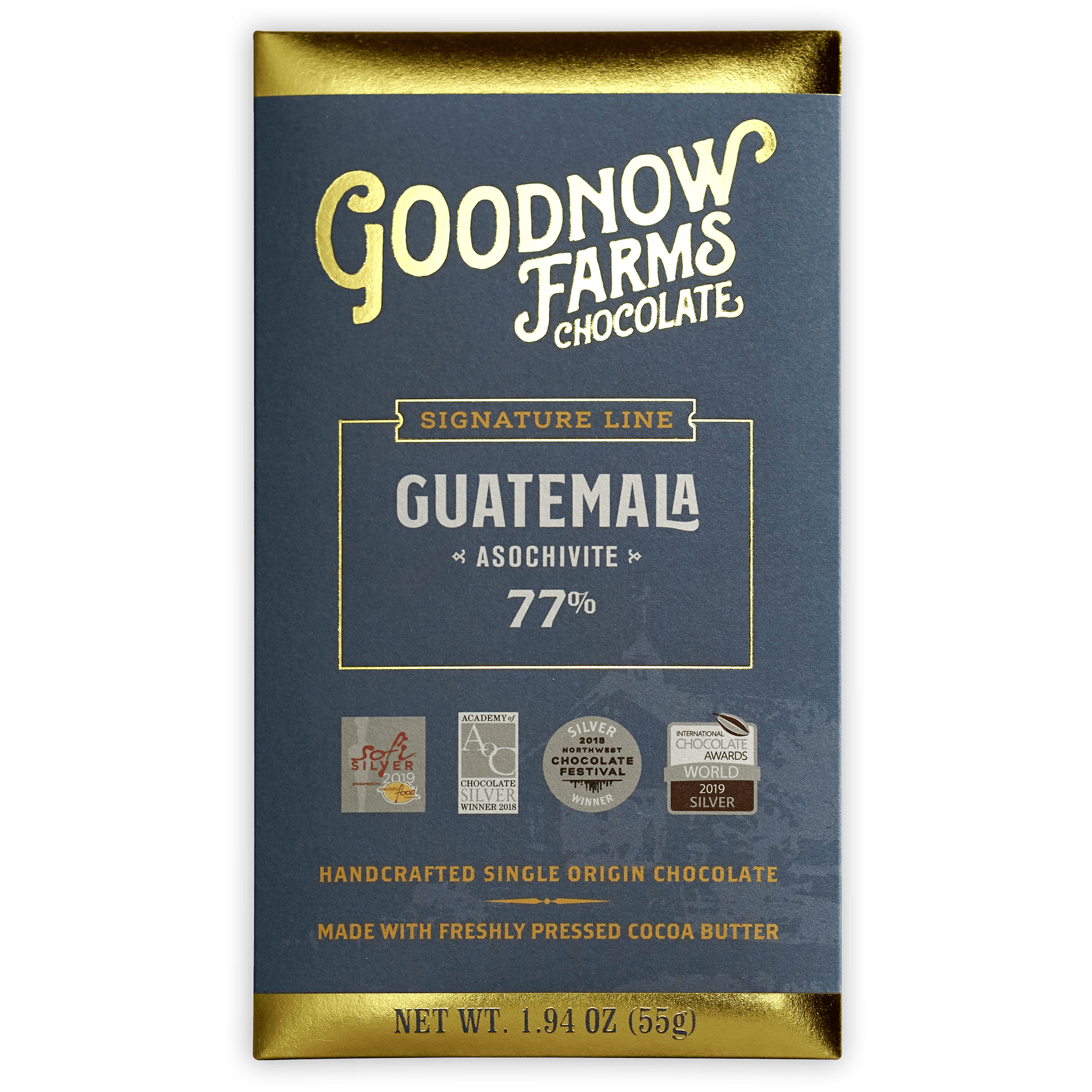 Goodnow Farms Asochivite 77% dark chocolate bar in navy blue gold foil wrapper