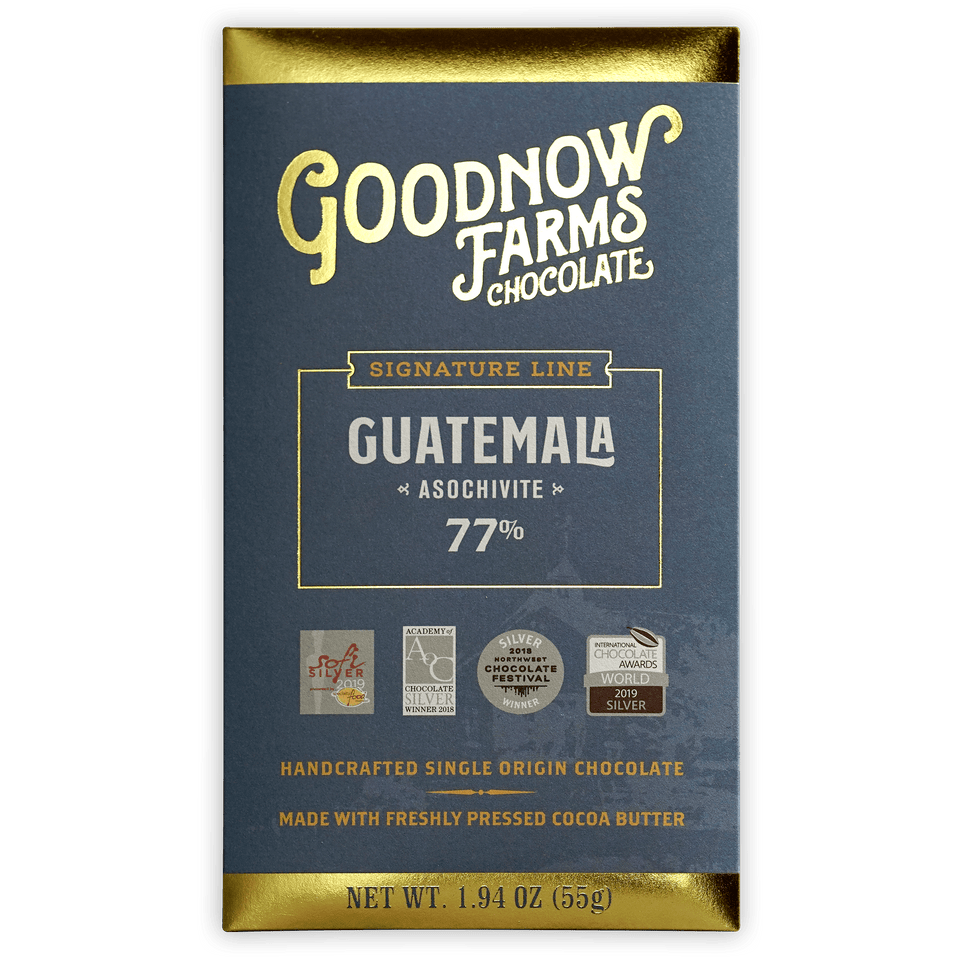 Goodnow Farms Asochivite 77% dark chocolate bar in navy blue gold foil wrapper