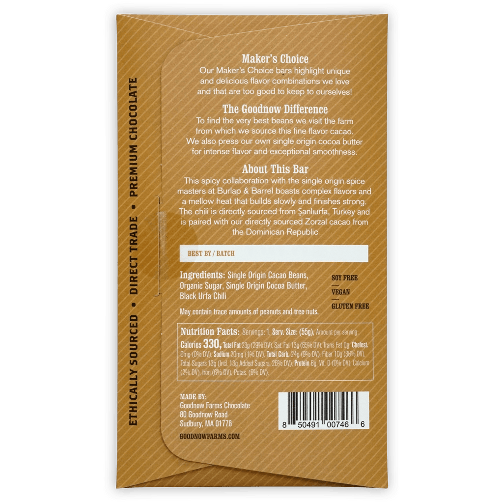 Goodnow Farms Black Urfa Chili 77% gold textured paper wrapper