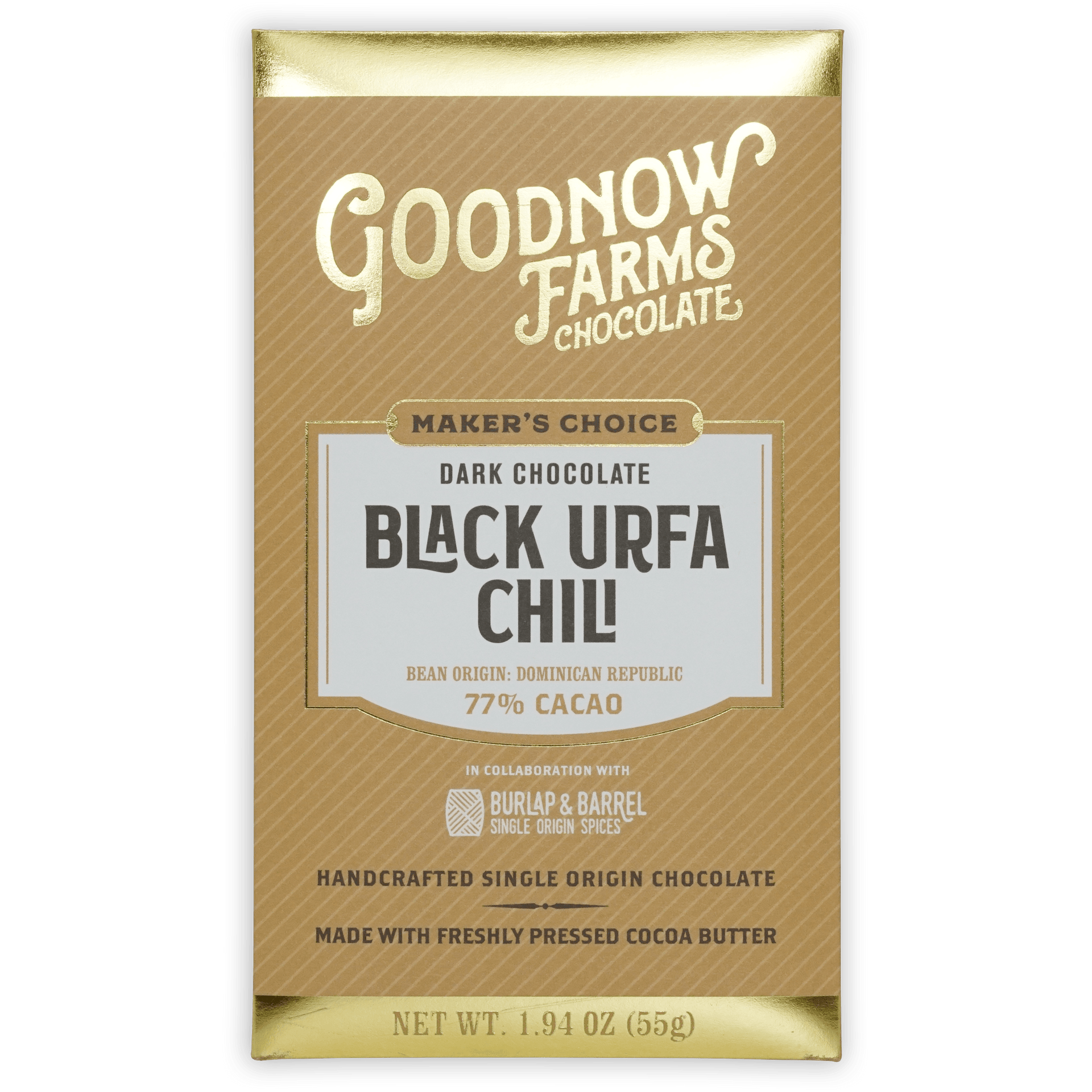 Goodnow Farms Black Urfa Chili 77% cacao bar in gold brown foil