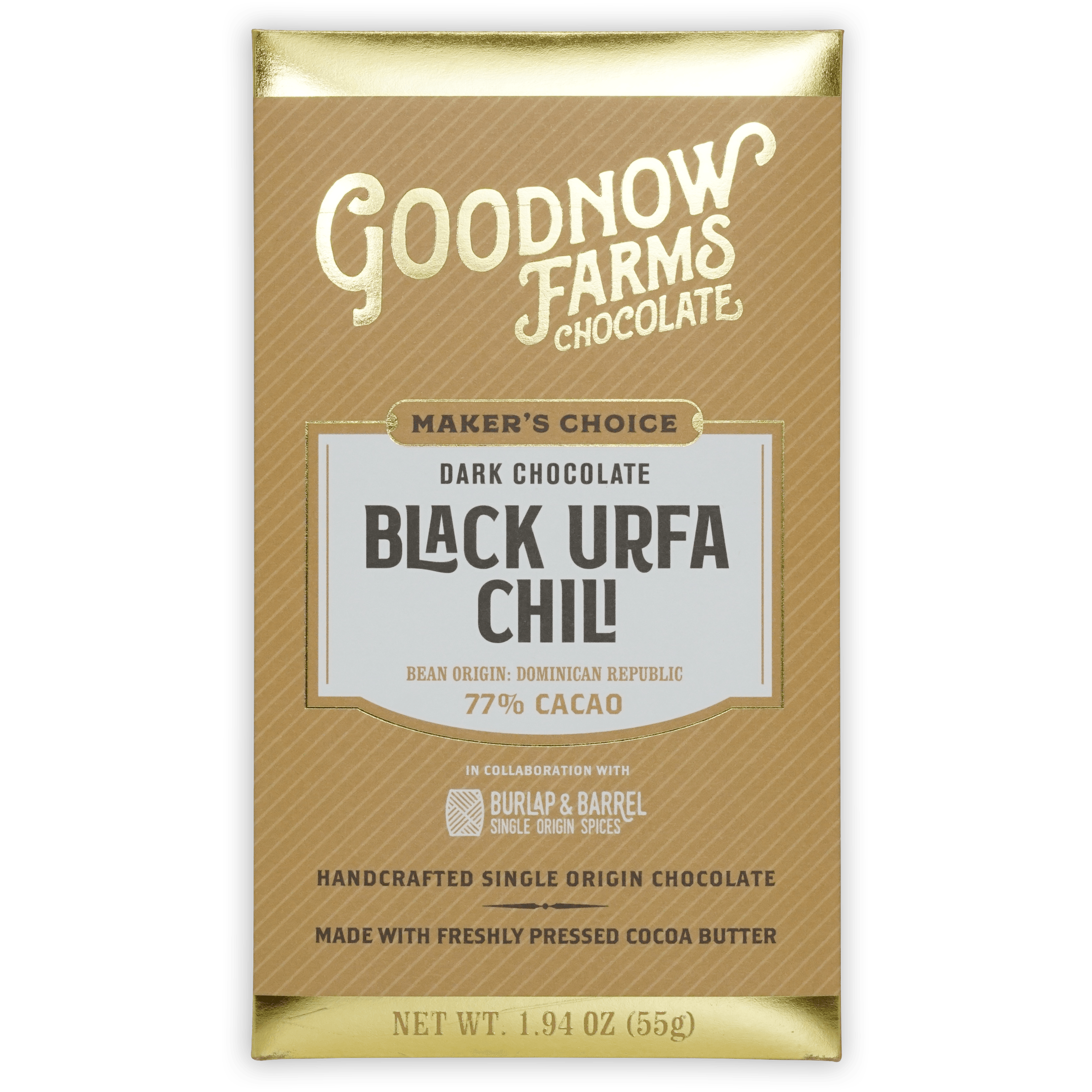 Goodnow Farms Black Urfa Chili 77% cacao bar in gold brown foil
