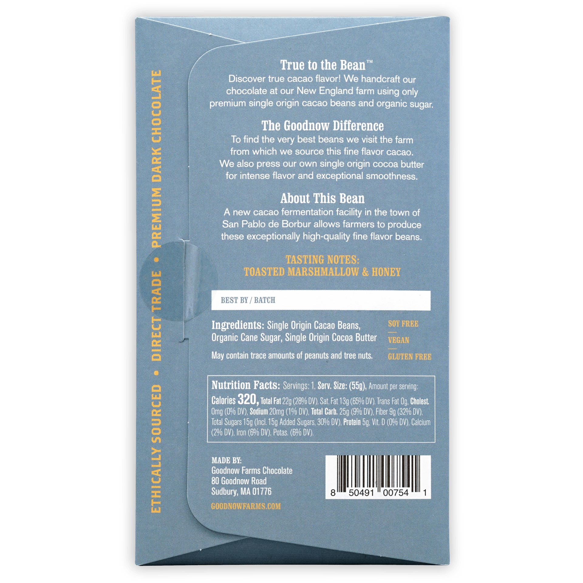 Goodnow Farms Boyaca 73% light blue wrapper with gold text and barcode