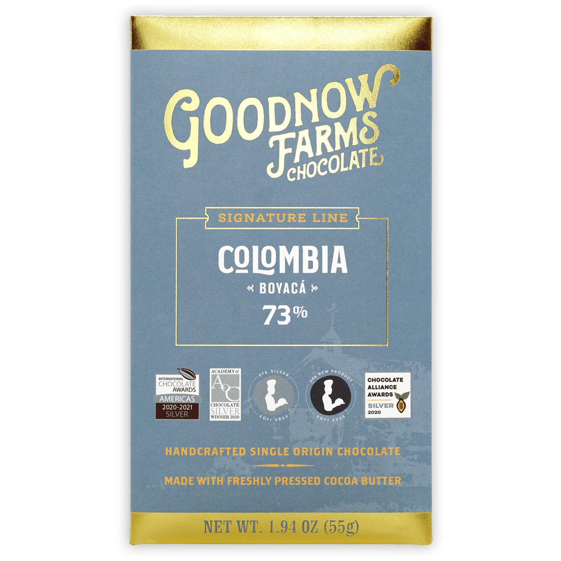 Goodnow Farms Boyaca 73% dark chocolate bar in blue gold foil wrap