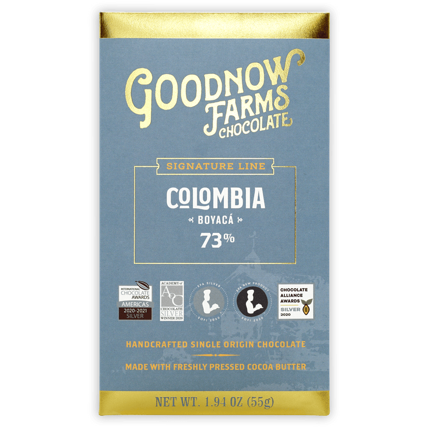 Goodnow Farms Boyaca 73% dark chocolate bar in blue gold foil wrap