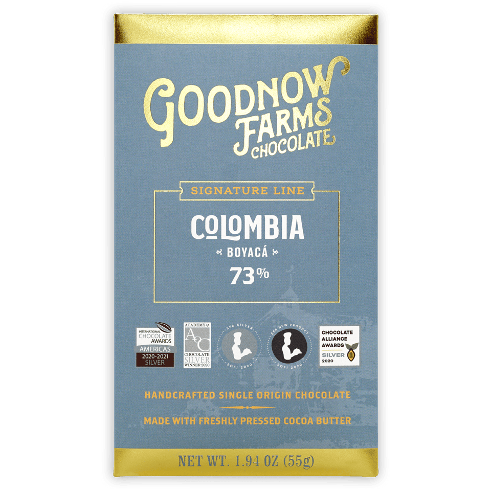 Goodnow Farms Boyaca 73% dark chocolate bar in blue gold foil wrap