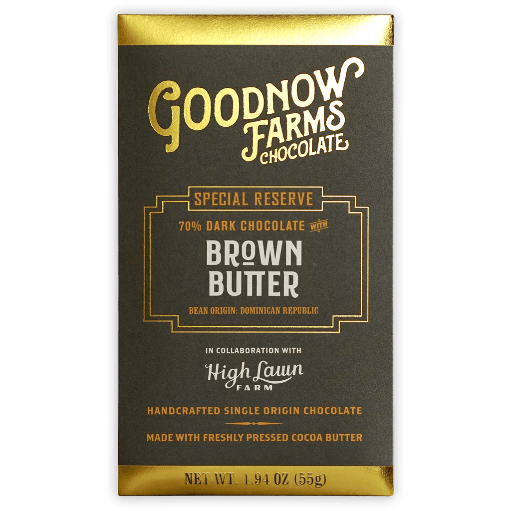 Goodnow Farms Brown Butter 70% dark chocolate bar in black gold wrapper