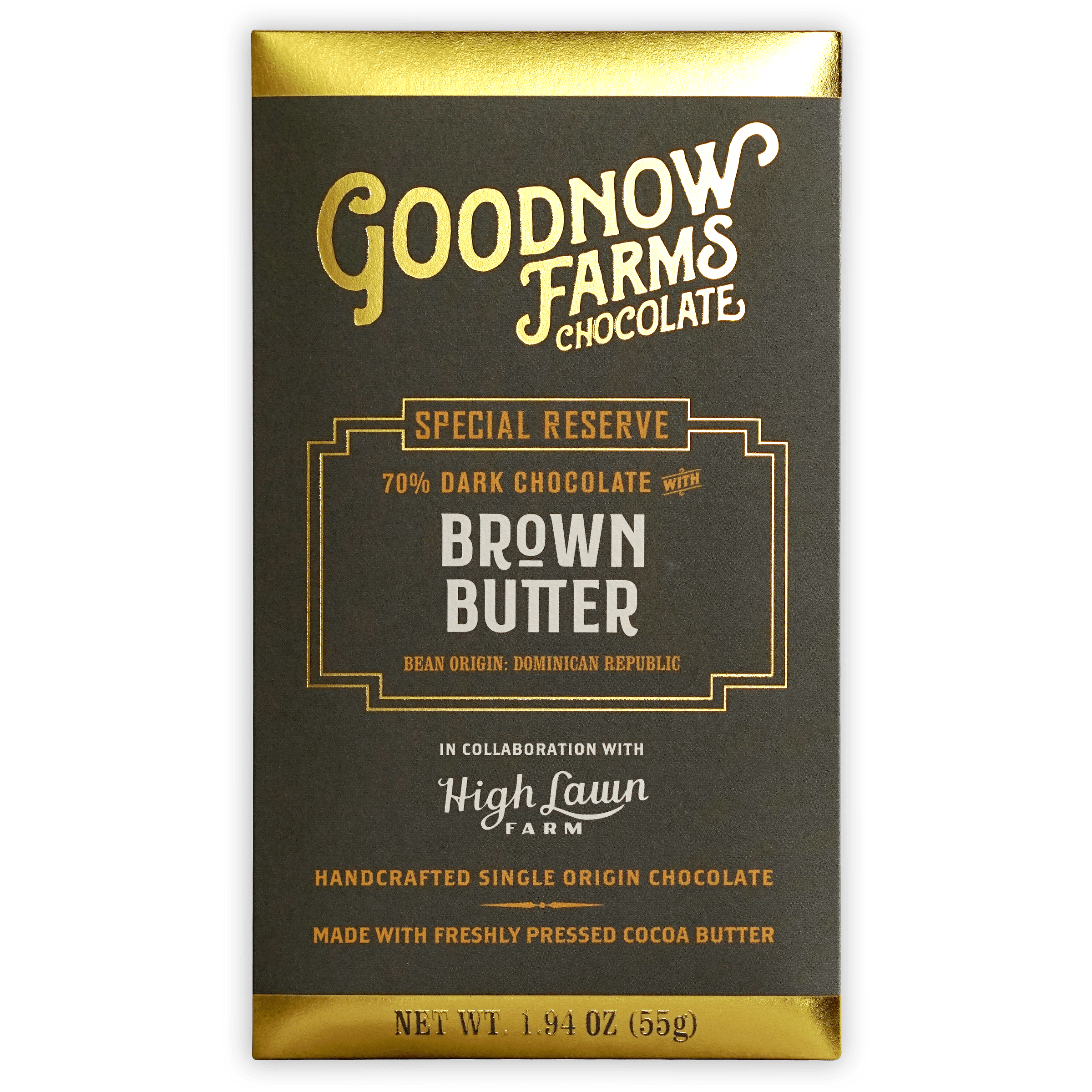Goodnow Farms Brown Butter 70% dark chocolate bar in black gold wrapper