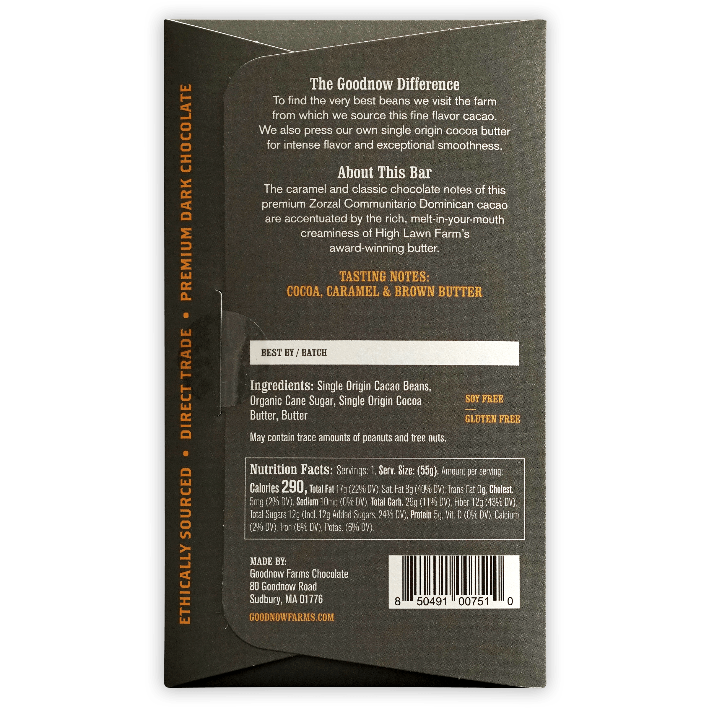 Goodnow Farms Brown Butter 70% dark chocolate bar in matte black wrapper