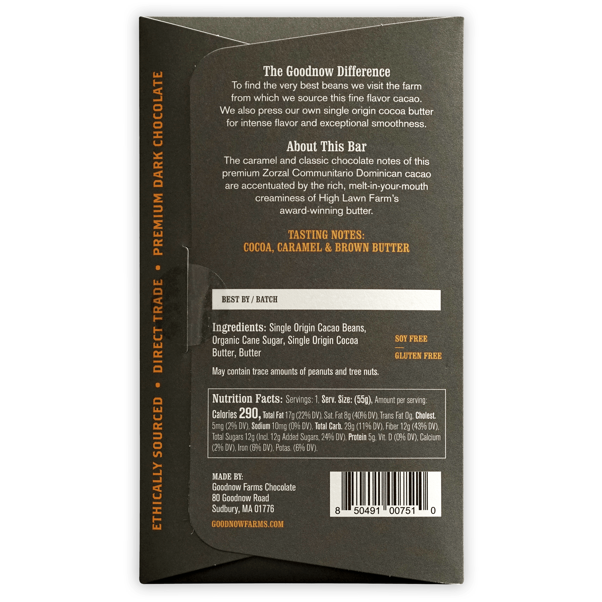 Goodnow Farms Brown Butter 70% dark chocolate bar in matte black wrapper