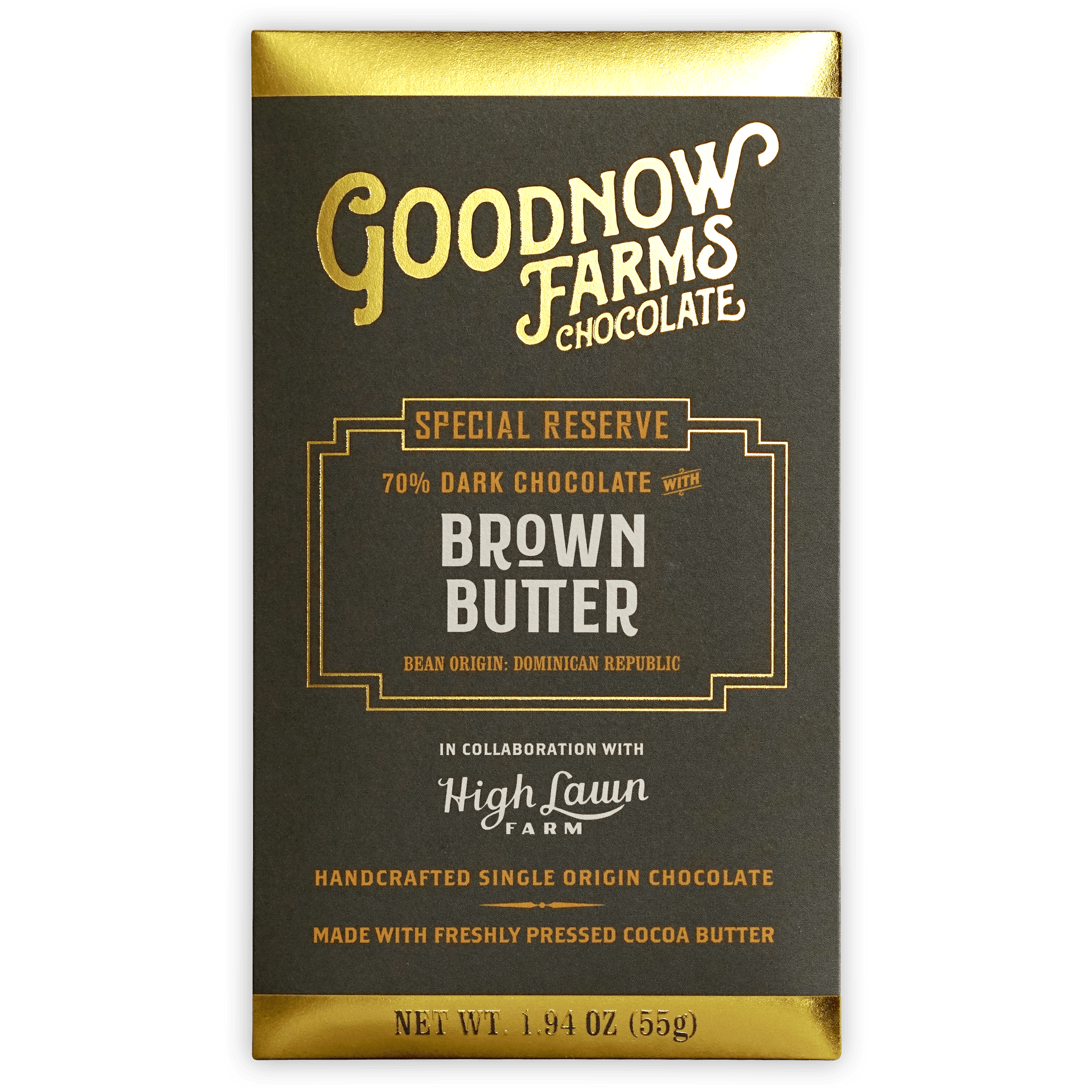 Goodnow Farms Brown Butter 70% dark chocolate bar in black gold wrapper