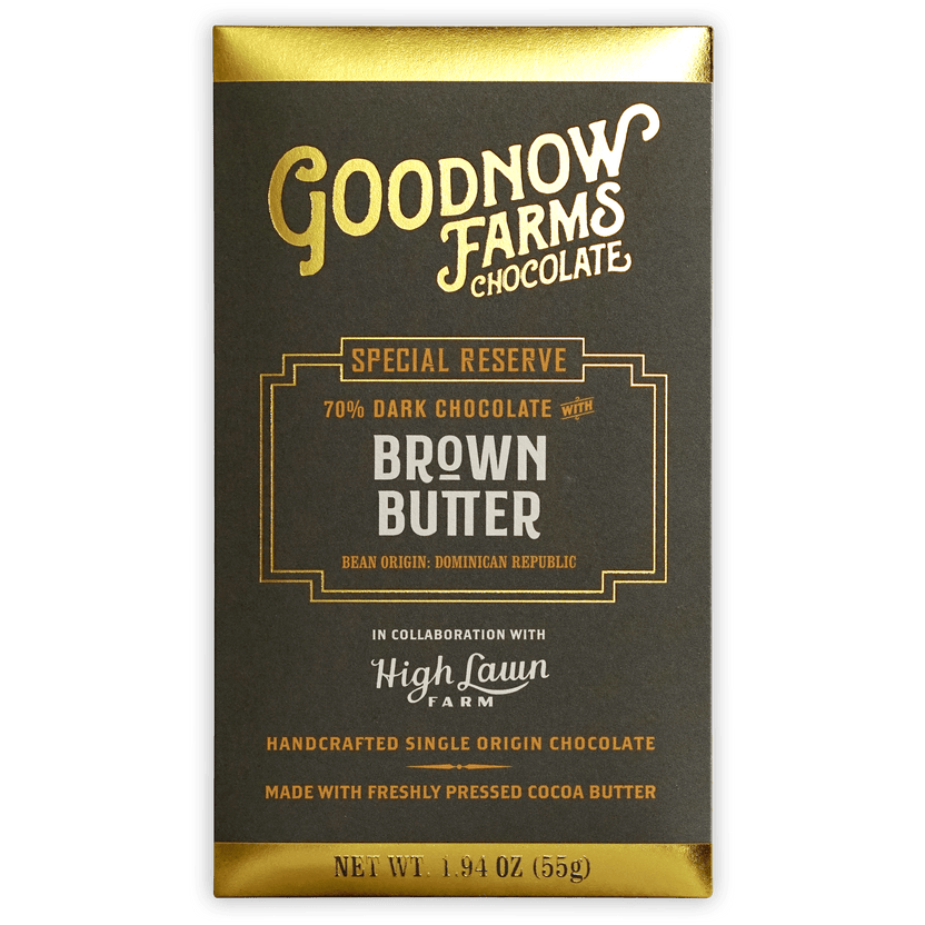 Goodnow Farms Brown Butter 70% dark chocolate bar in black gold wrapper