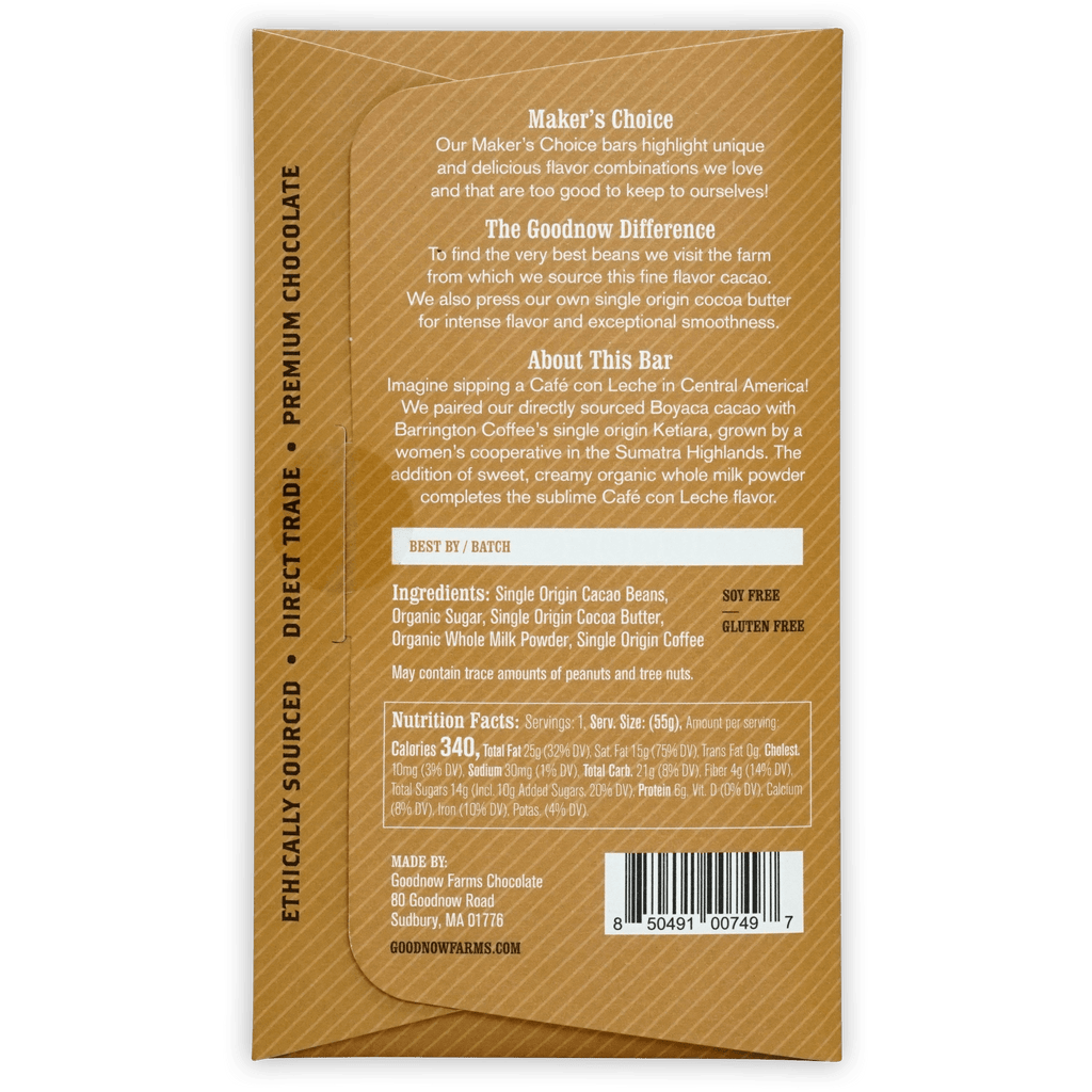 Goodnow Farms Cafe Con Leche 63% gold textured paper wrapper