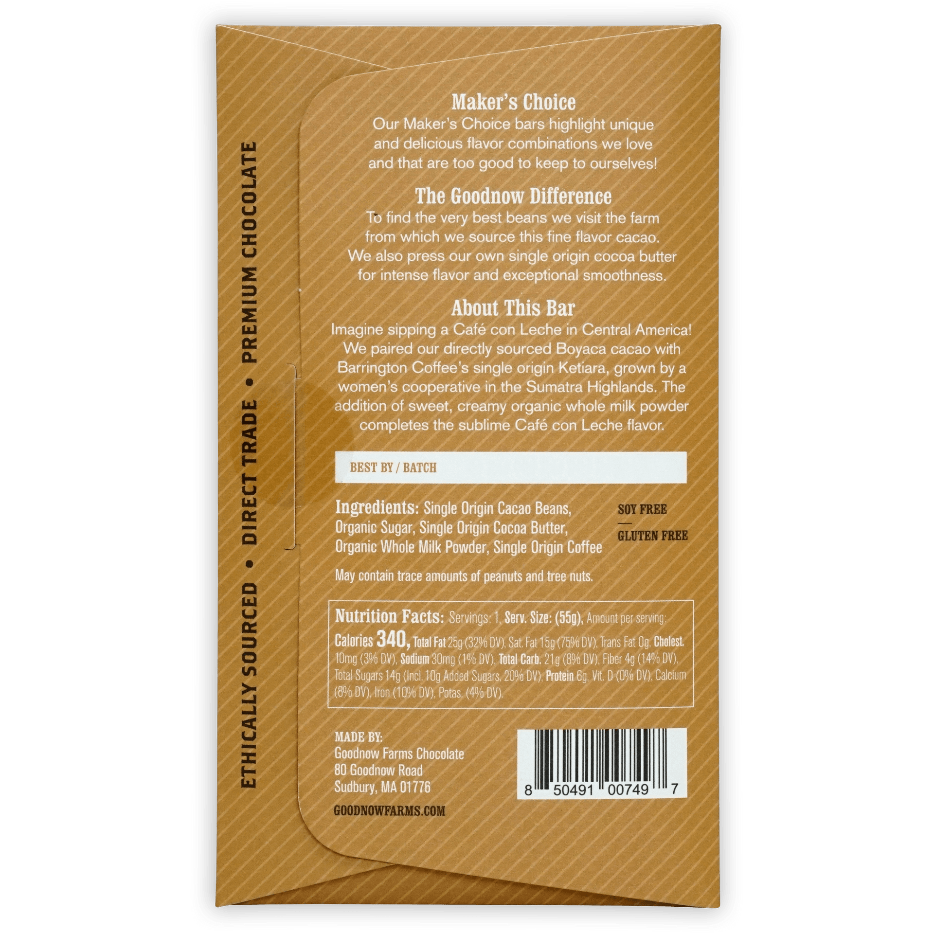 Goodnow Farms Cafe Con Leche 63% gold textured paper wrapper