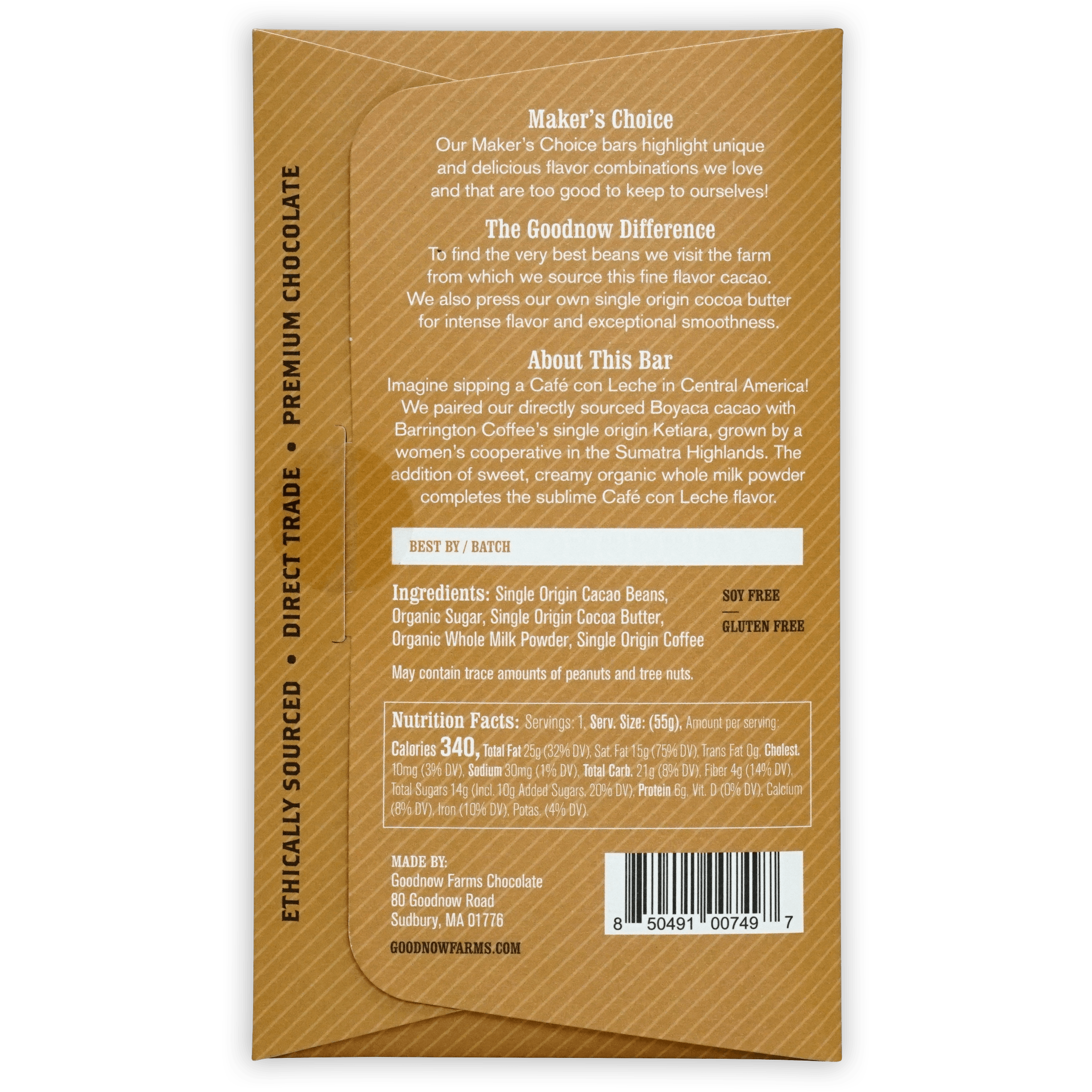 Goodnow Farms Cafe Con Leche 63% gold textured paper wrapper