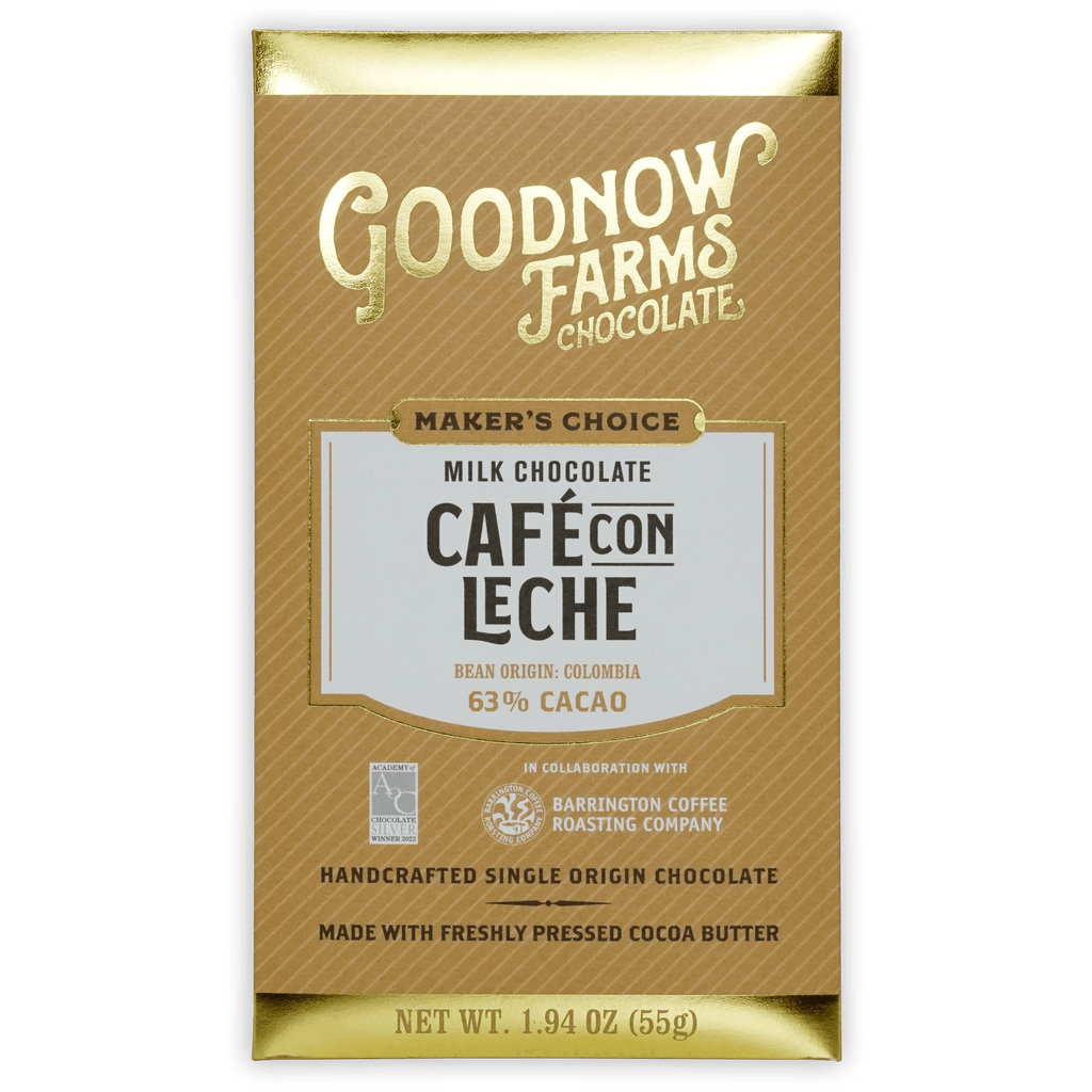 Goodnow Farms Cafe Con Leche 63% milk chocolate bar in gold brown foil