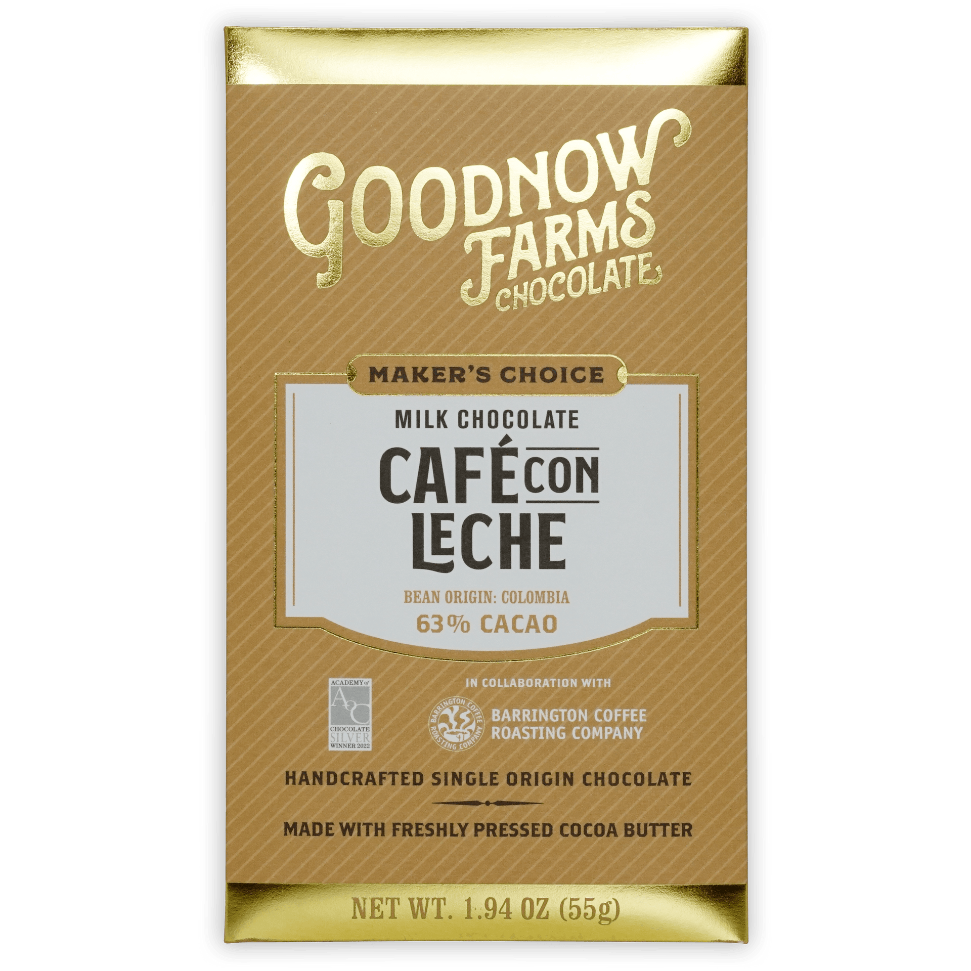 Goodnow Farms Cafe Con Leche 63% milk chocolate bar in gold brown foil