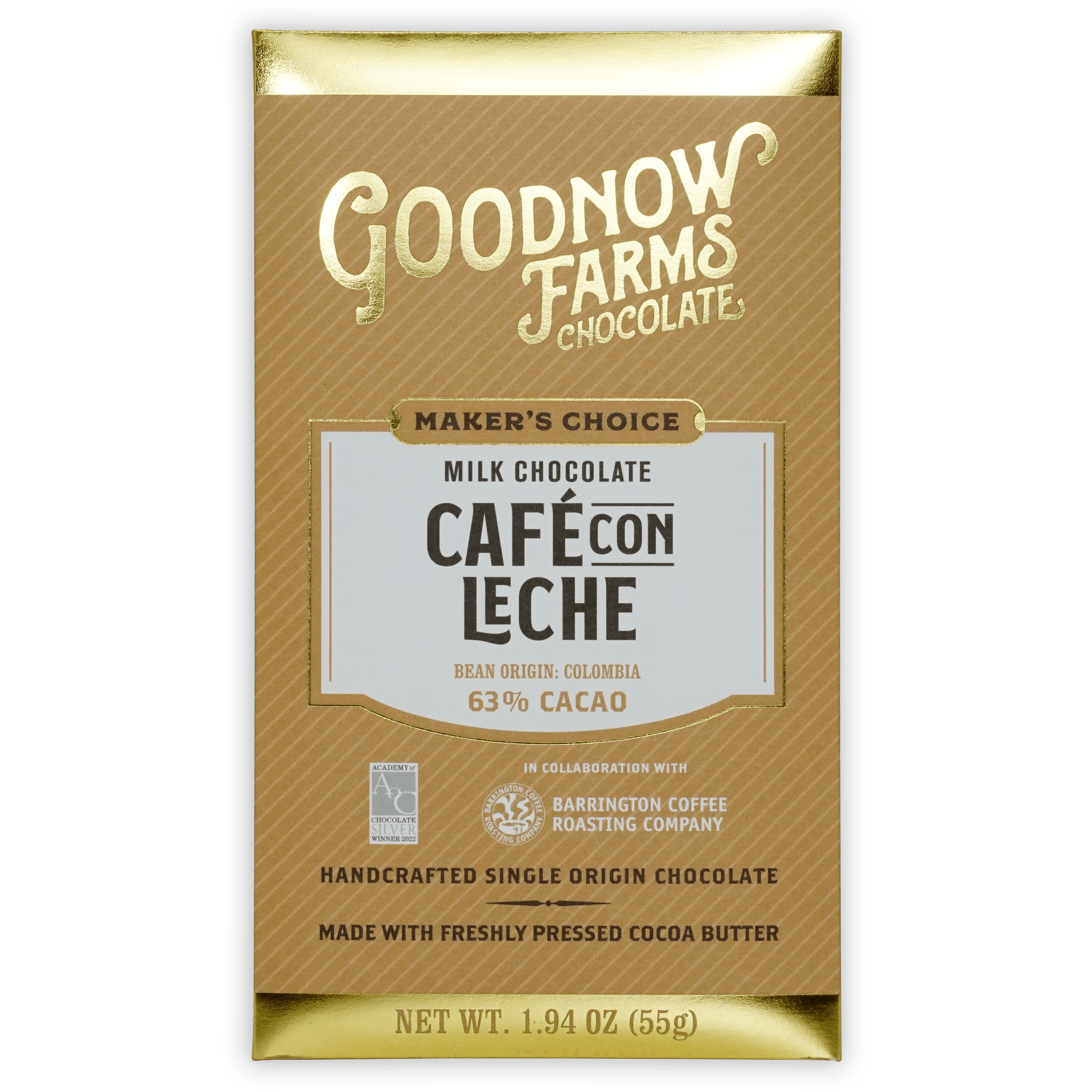 Goodnow Farms Cafe Con Leche 63% milk chocolate bar in gold brown foil