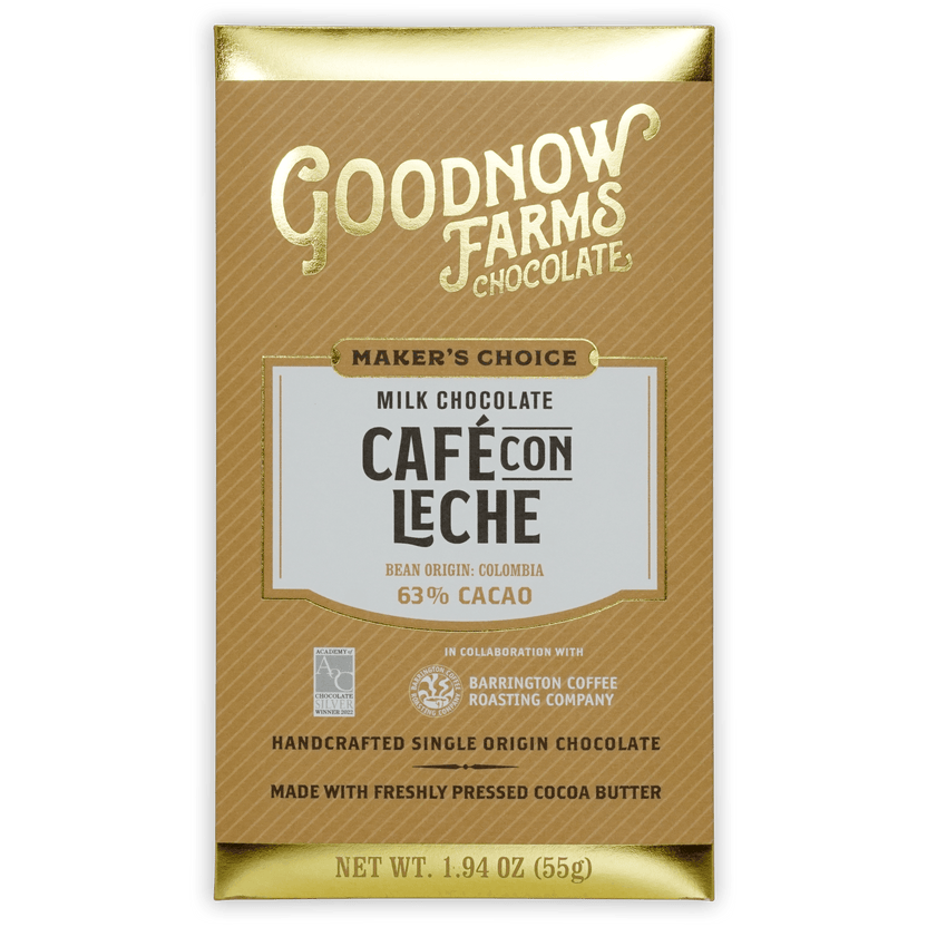 Goodnow Farms Cafe Con Leche 63% milk chocolate bar in gold brown foil