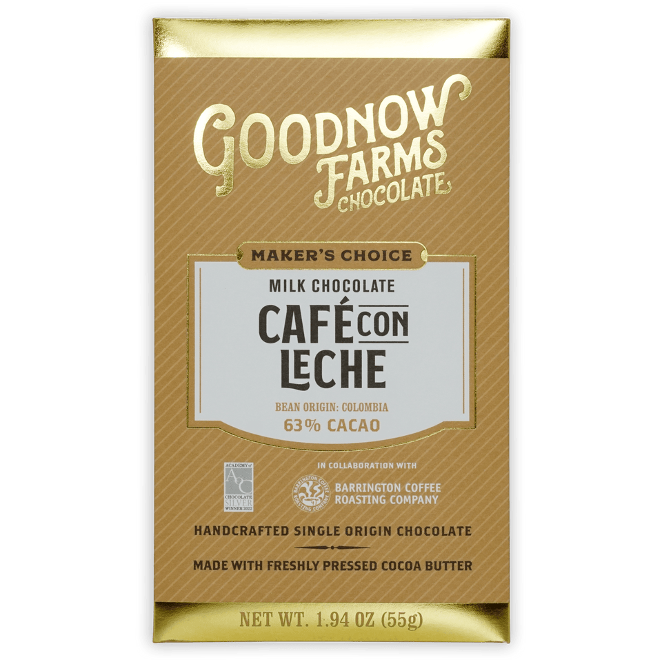 Goodnow Farms Cafe Con Leche 63% milk chocolate bar in gold brown foil