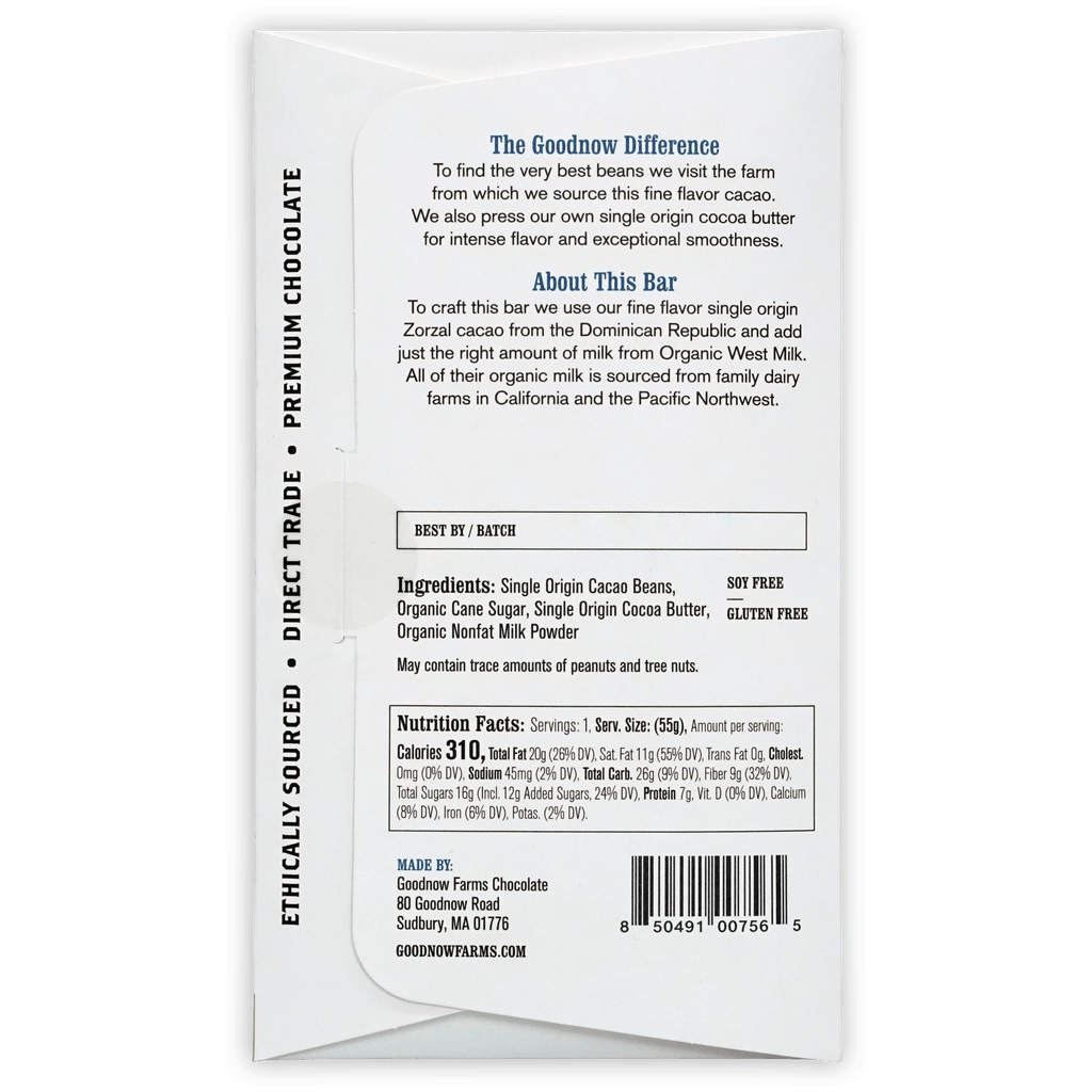 Back of Goodnow Farms Classic Milk 55% chocolate bar package with ingredients