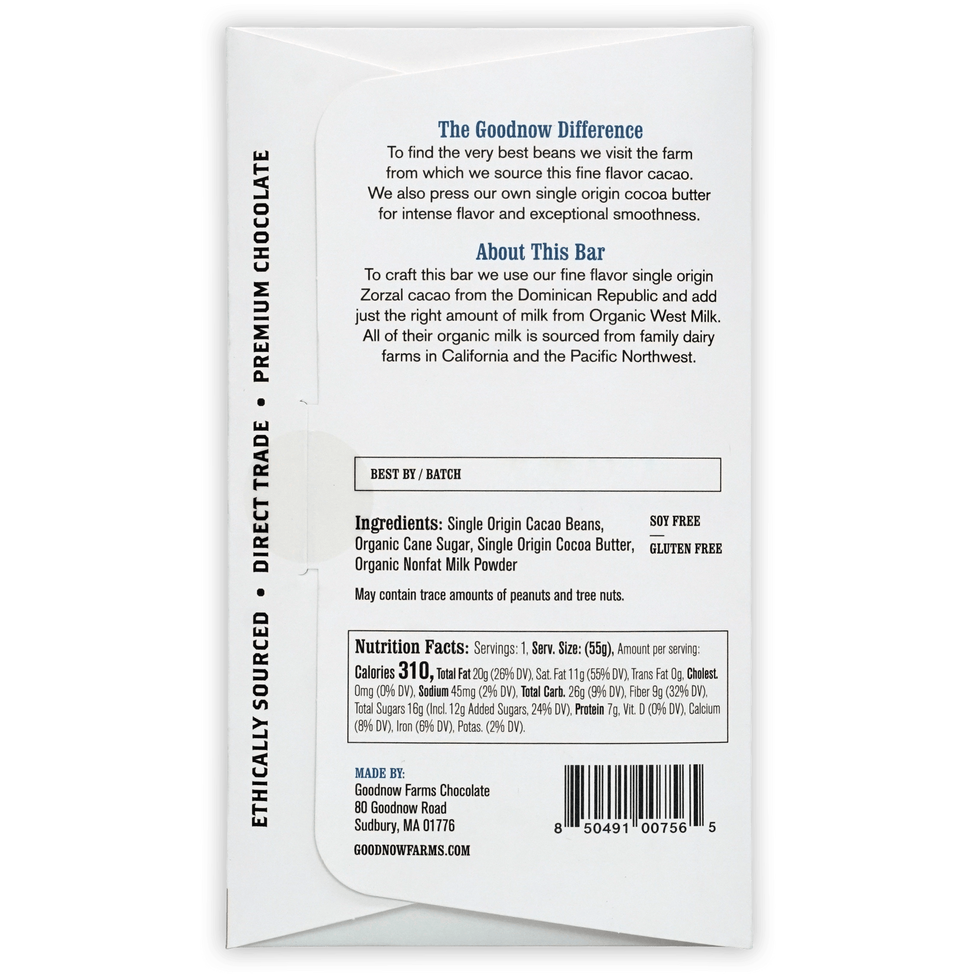 Back of Goodnow Farms Classic Milk 55% chocolate bar package with ingredients