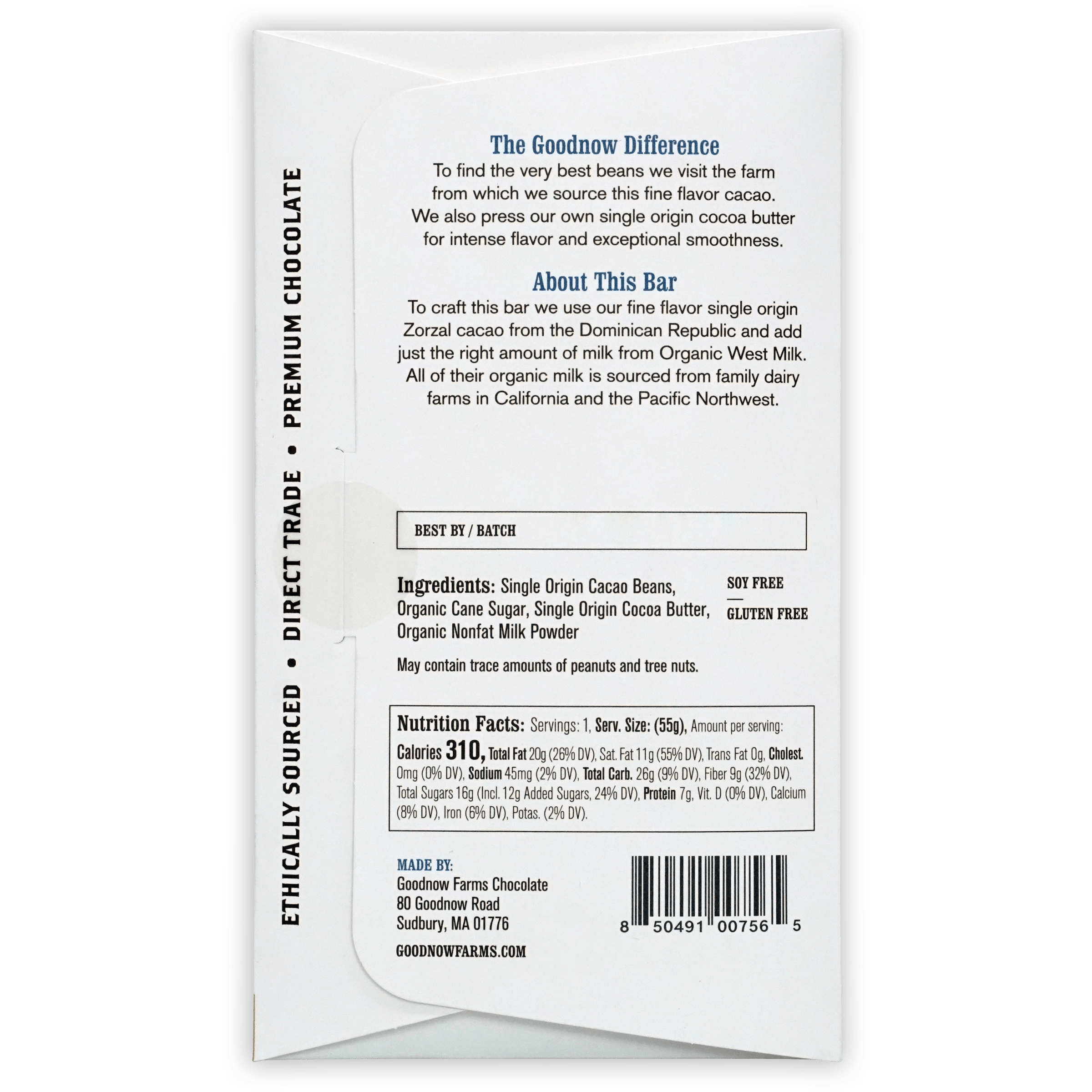 Back of Goodnow Farms Classic Milk 55% chocolate bar package with ingredients