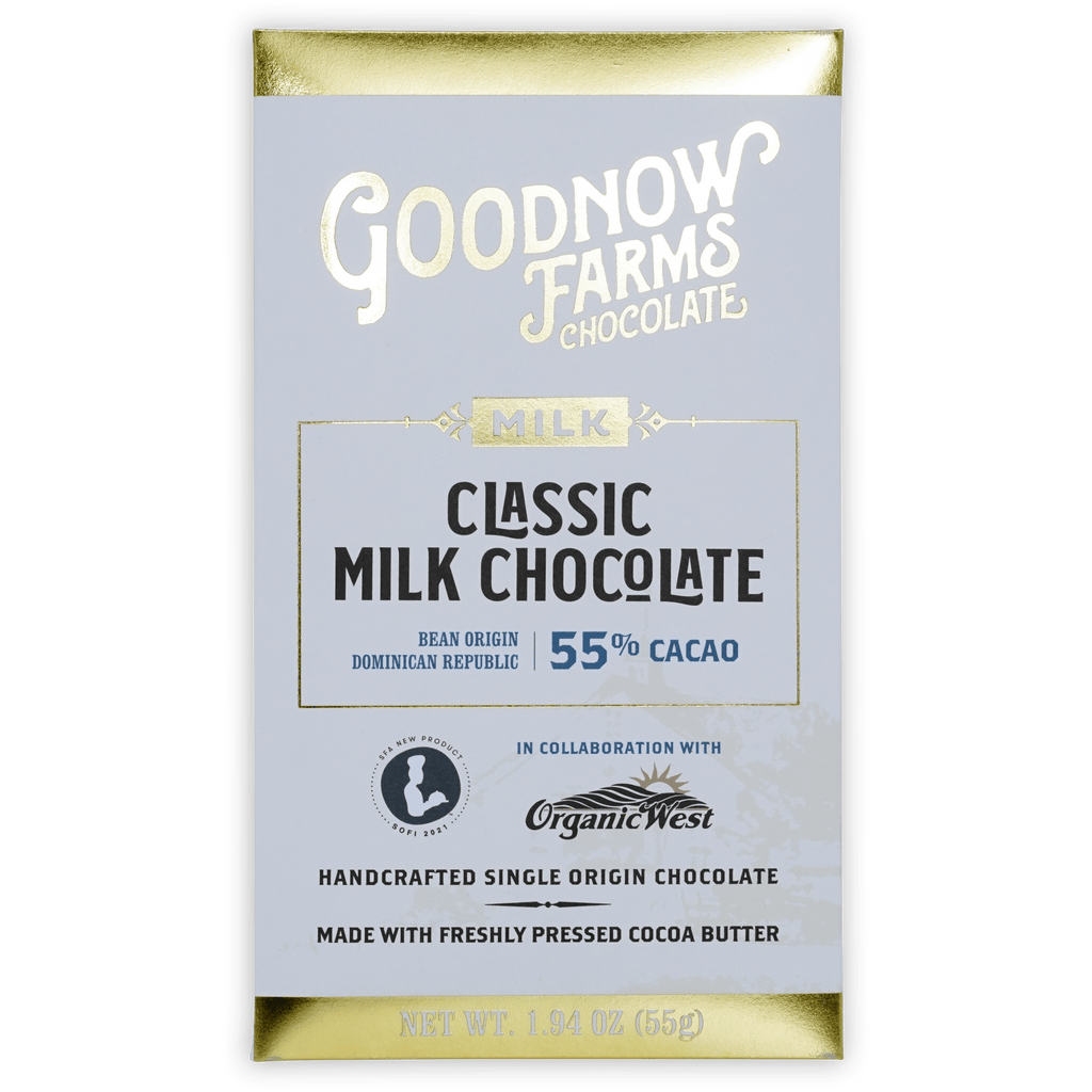 Goodnow Farms Classic Milk 55% chocolate bar in blue gold foil