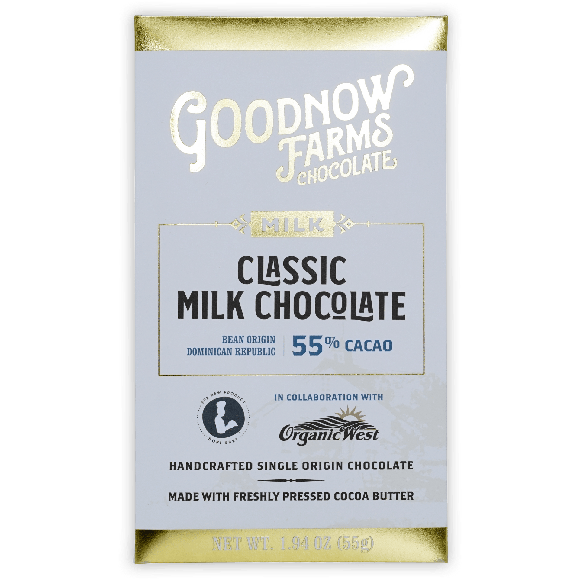 Goodnow Farms Classic Milk 55% chocolate bar in blue gold foil