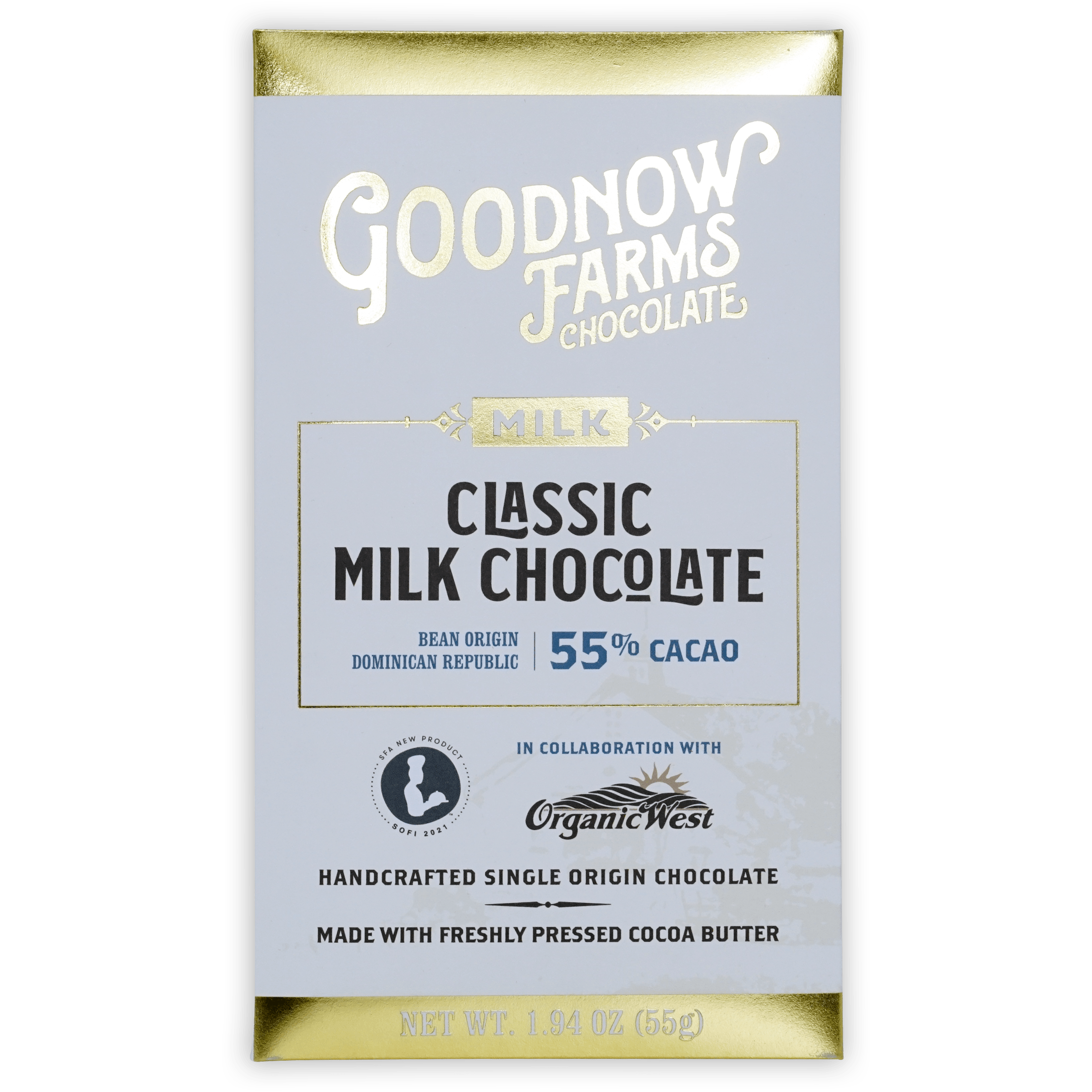 Goodnow Farms Classic Milk 55% chocolate bar in blue gold foil