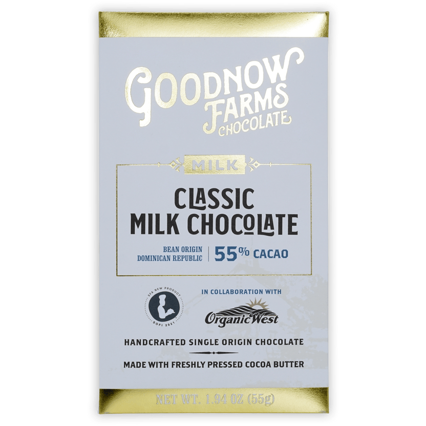 Goodnow Farms Classic Milk 55% chocolate bar in blue gold foil