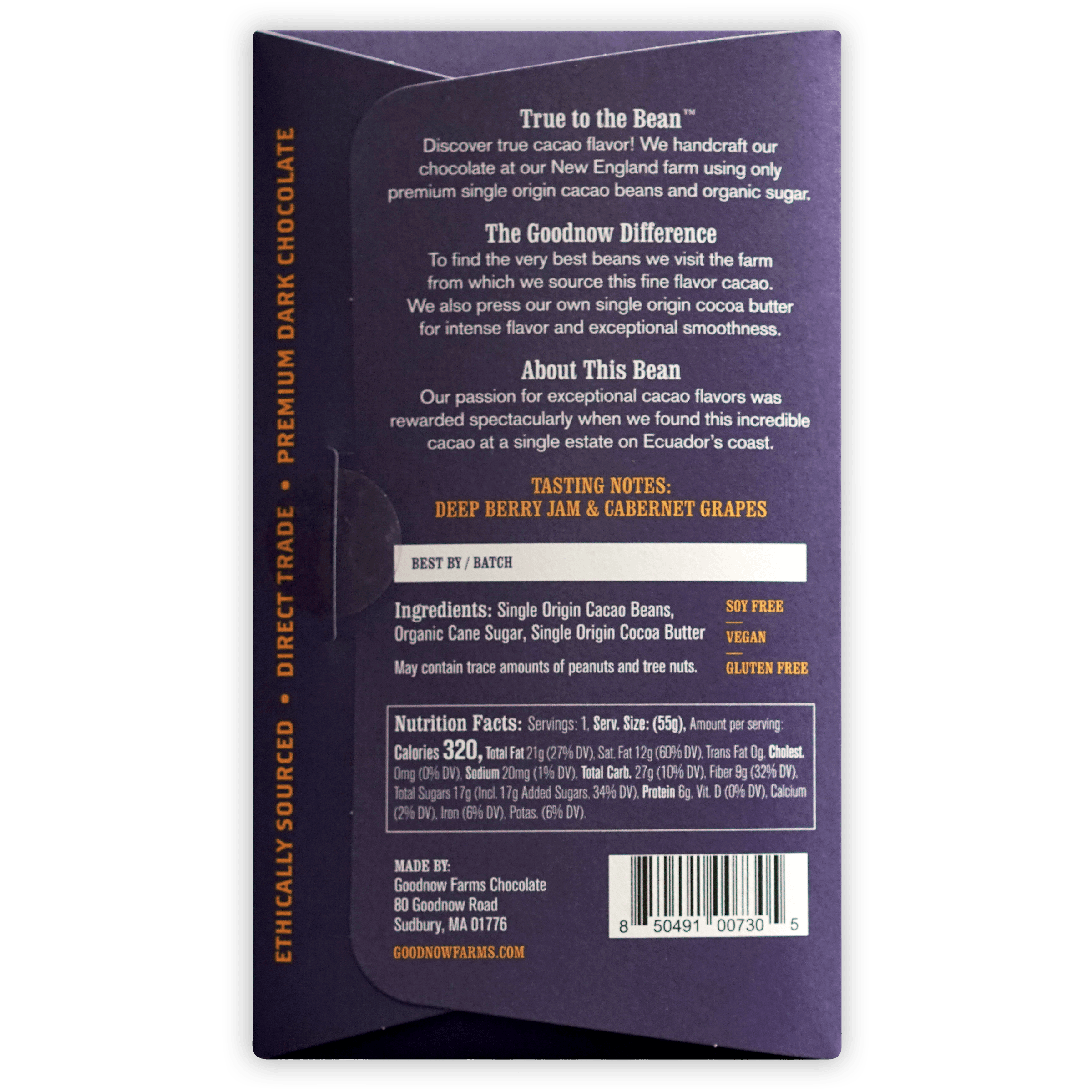 Goodnow Farms Esmeraldas 70% purple wrapper with gold text and barcode