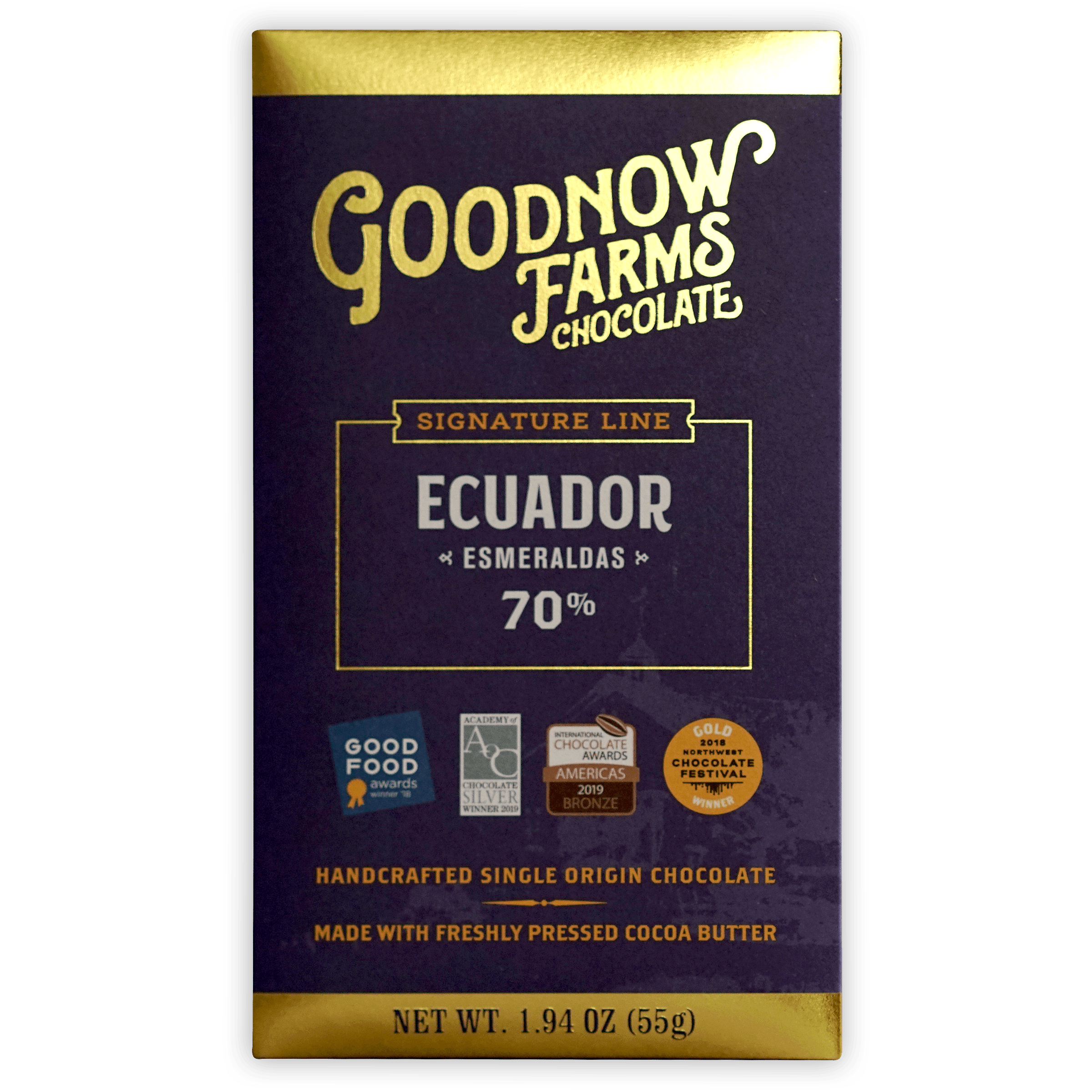 Goodnow Farms Esmeraldas 70% dark purple chocolate bar wrapper