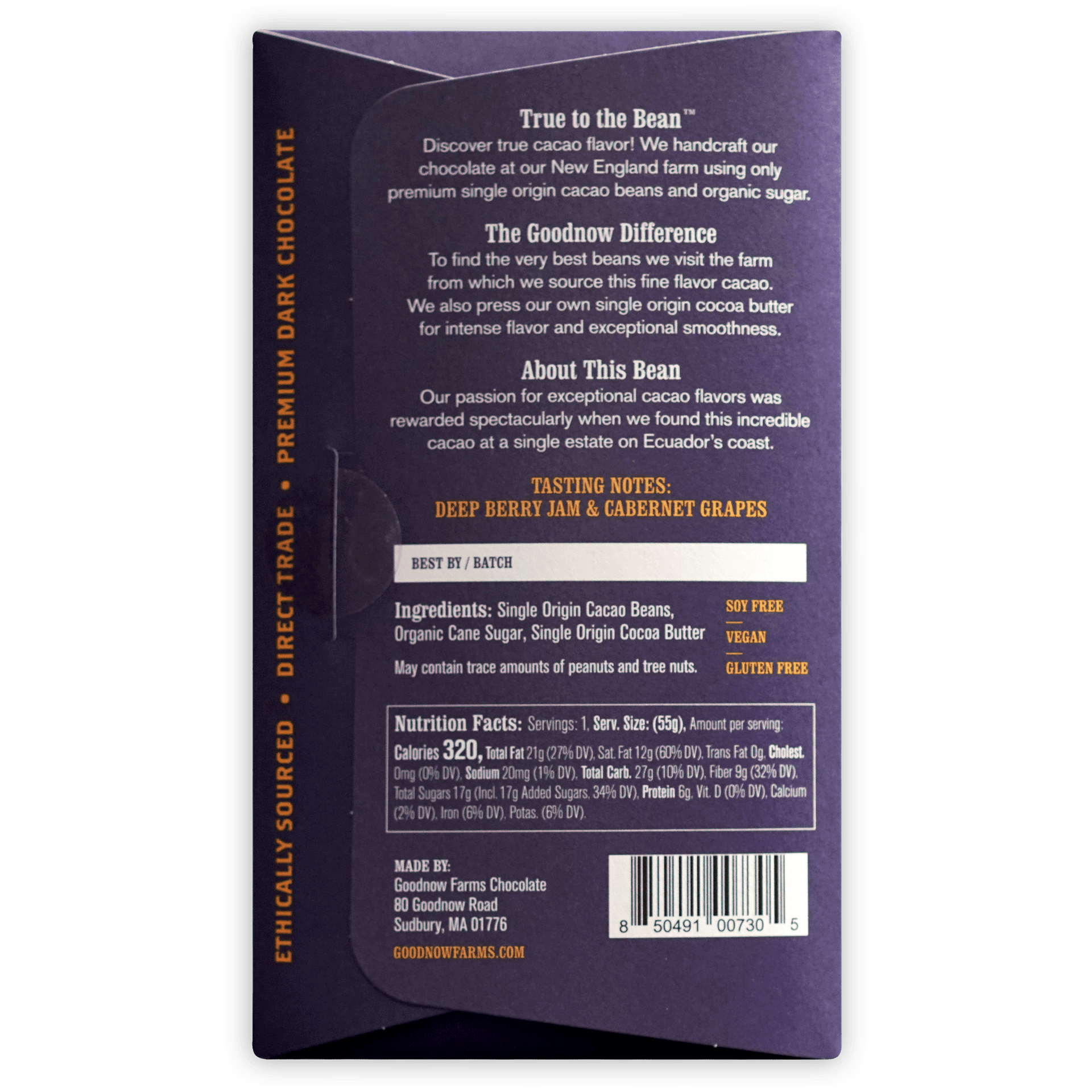 Goodnow Farms Esmeraldas 70% purple wrapper with gold text and barcode
