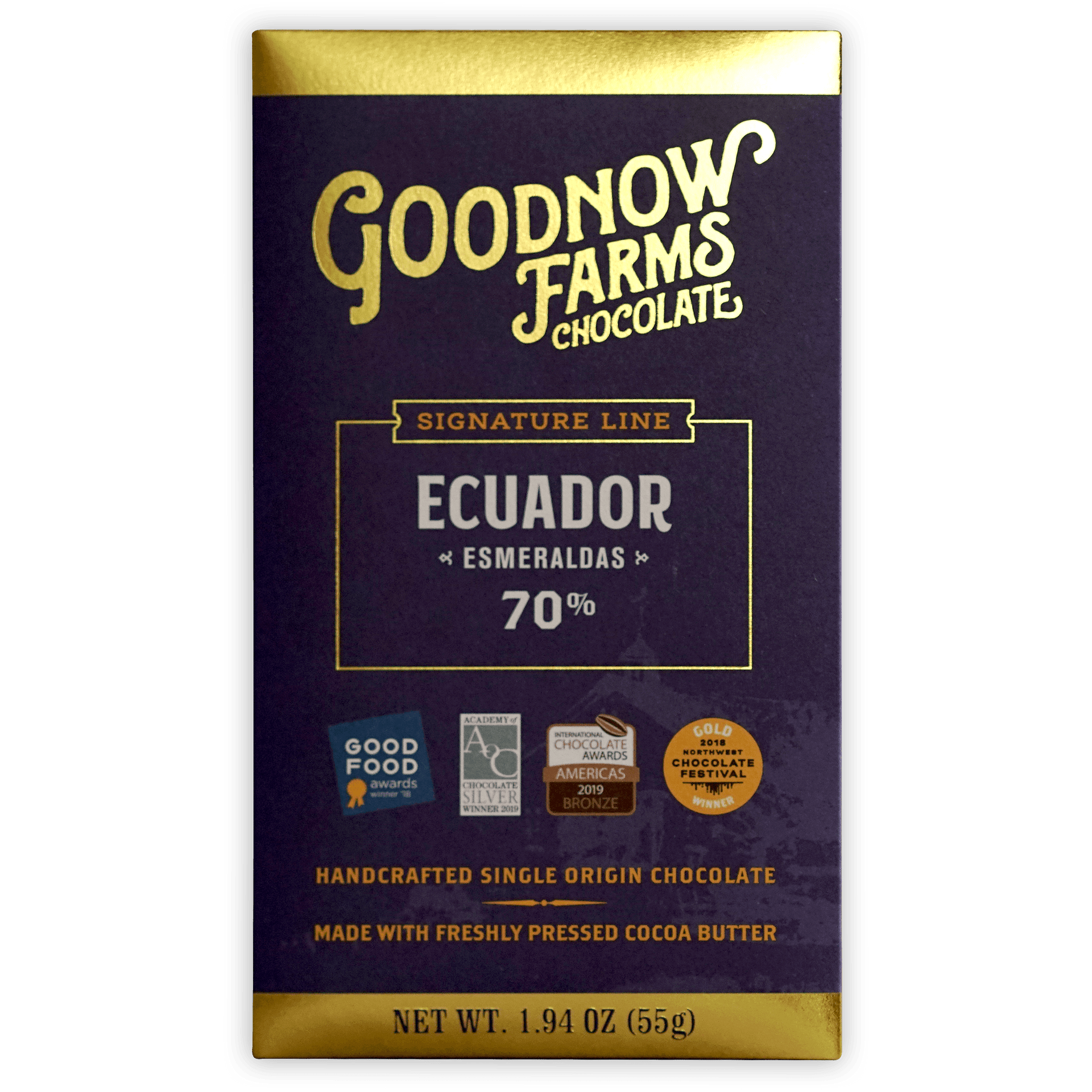 Goodnow Farms Esmeraldas 70% dark purple chocolate bar wrapper