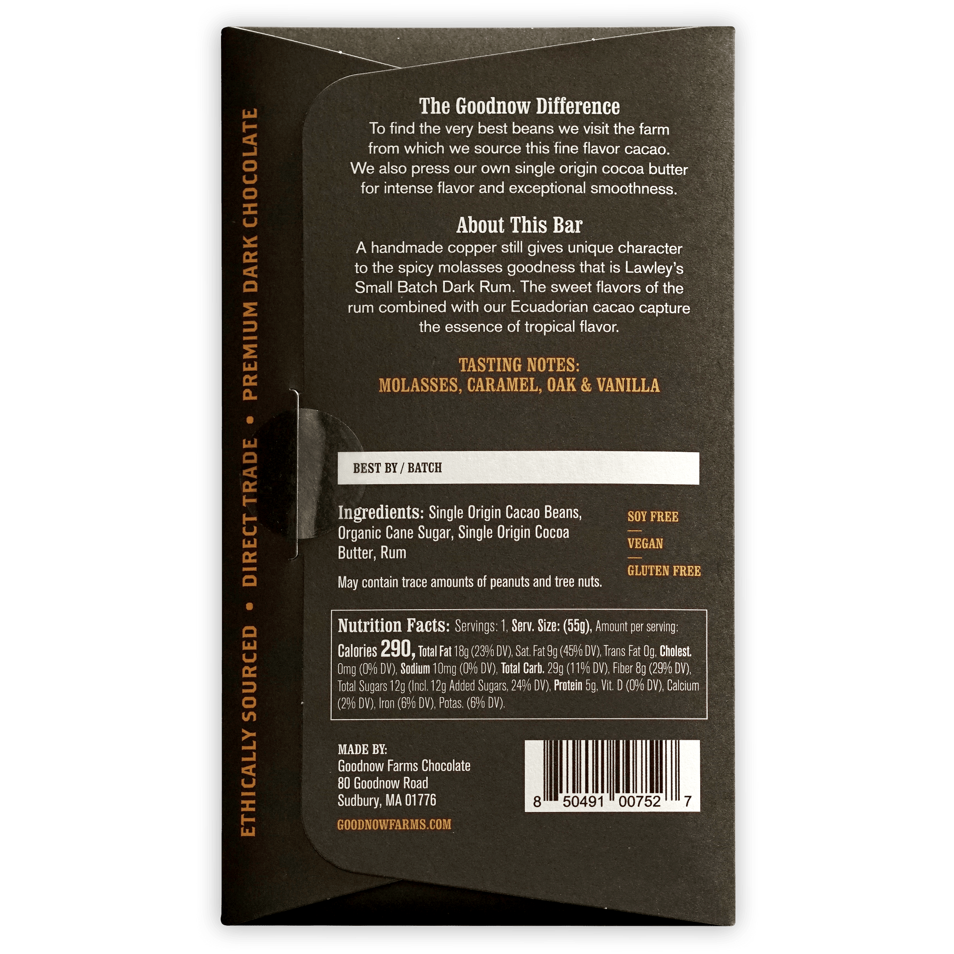 Goodnow Farms Lawleys Rum 77% dark chocolate bar wrapper with gold text