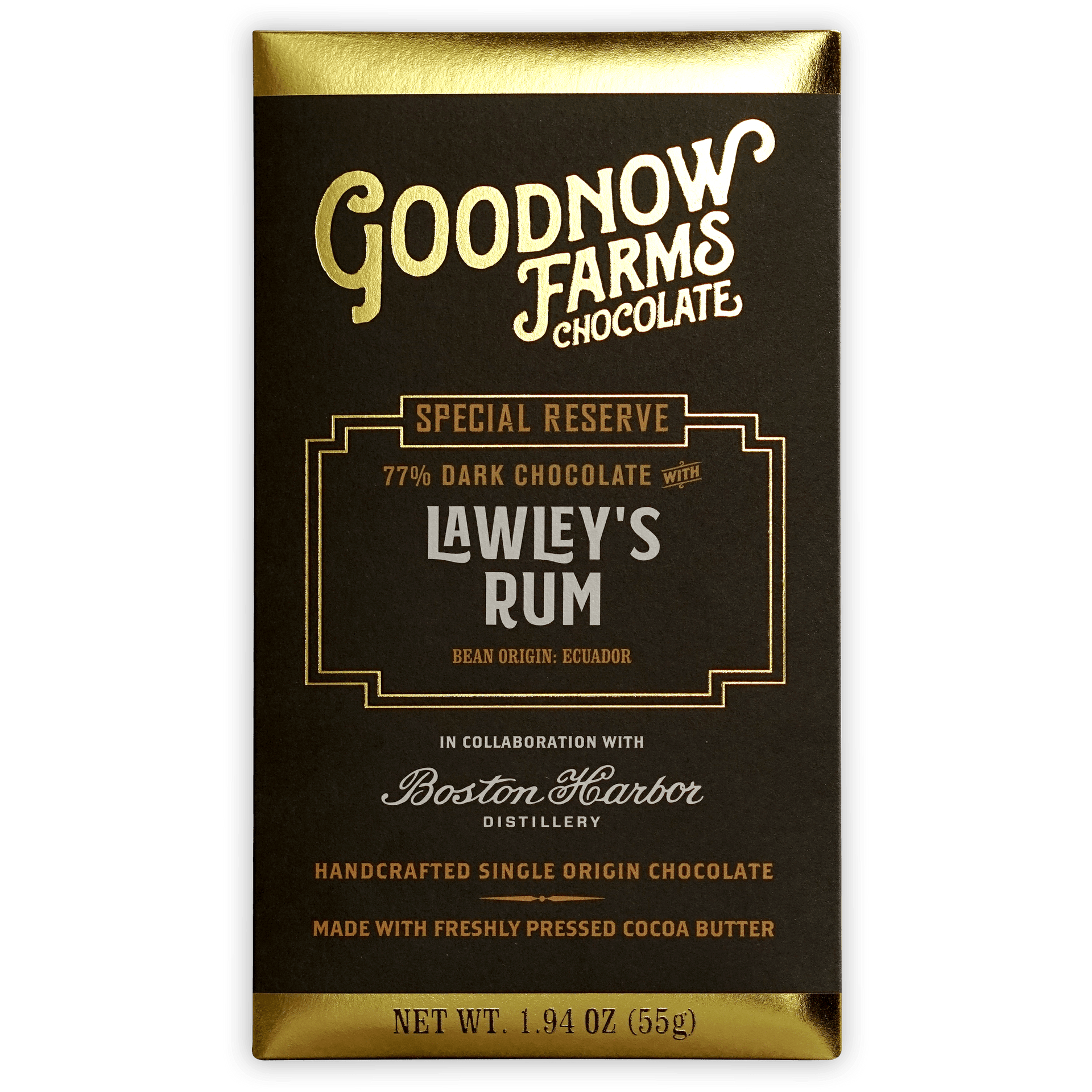 Goodnow Farms Lawleys Rum 77% dark chocolate bar in black gold wrapper